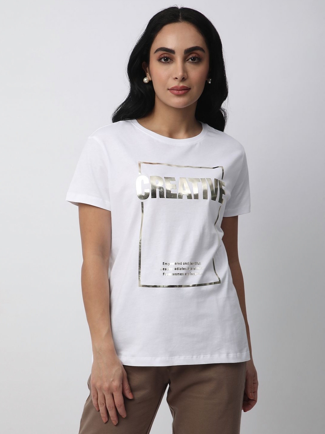 

R&B Women Graphic Printed Round Neck Cotton T-shirt, White