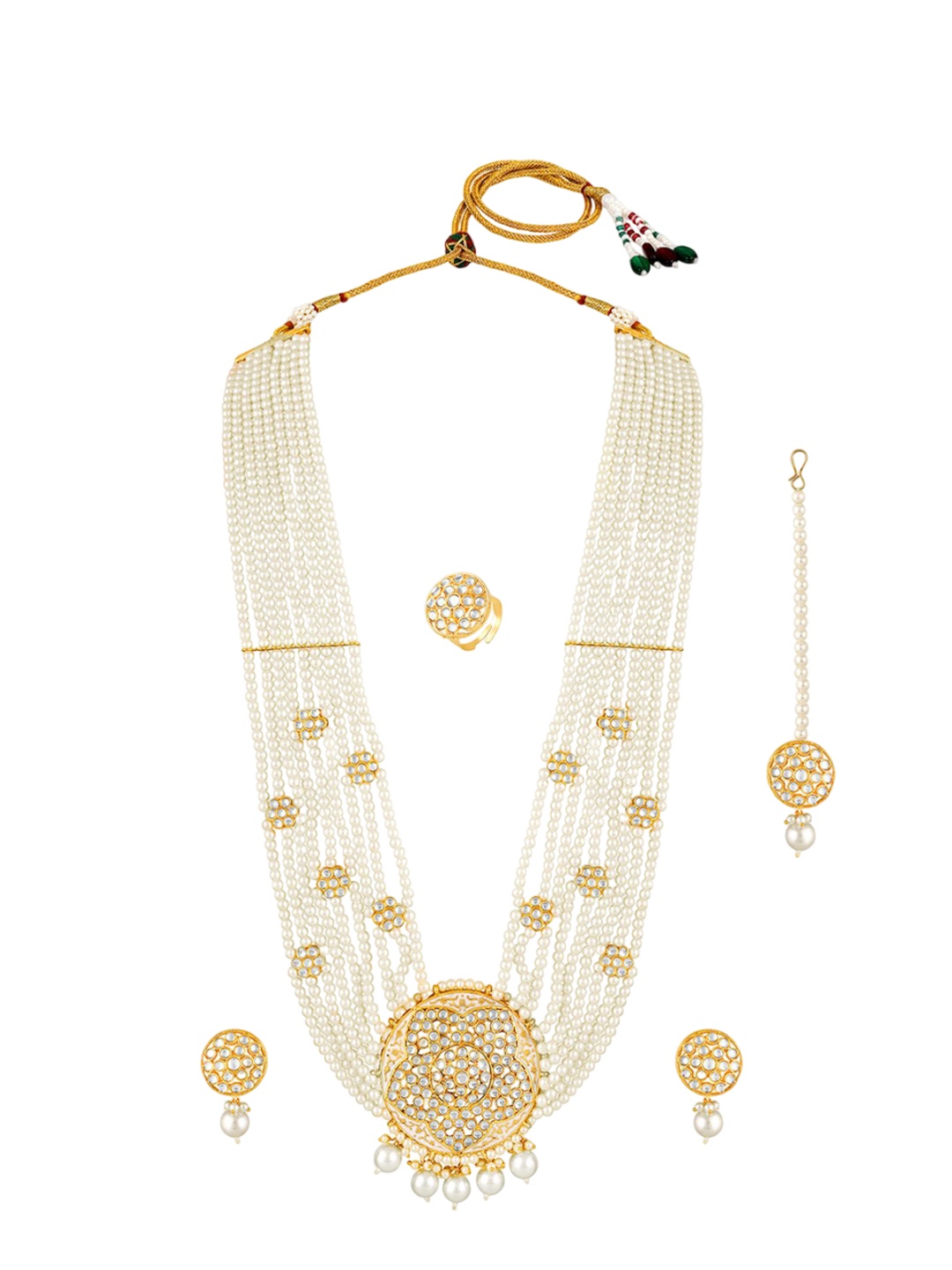 

Peora Gold-Plated Stones-Studded & Beaded Necklace & Earrings With Maang Tika, White