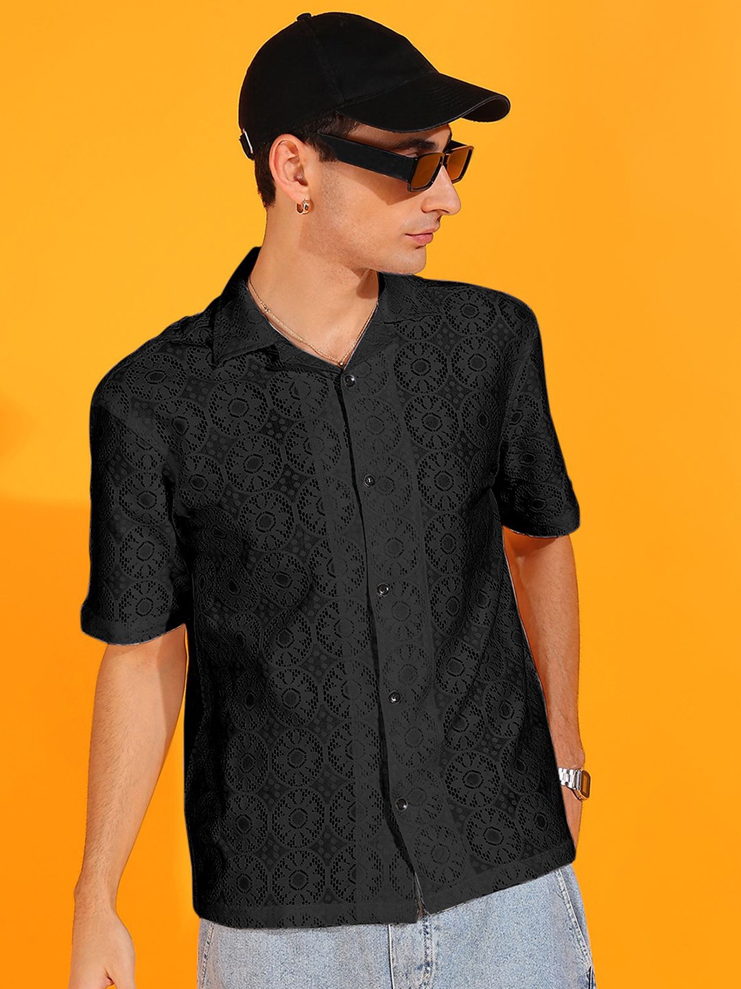 

INDICLUB Men Cuban Collar Textured Casual Shirt, Black