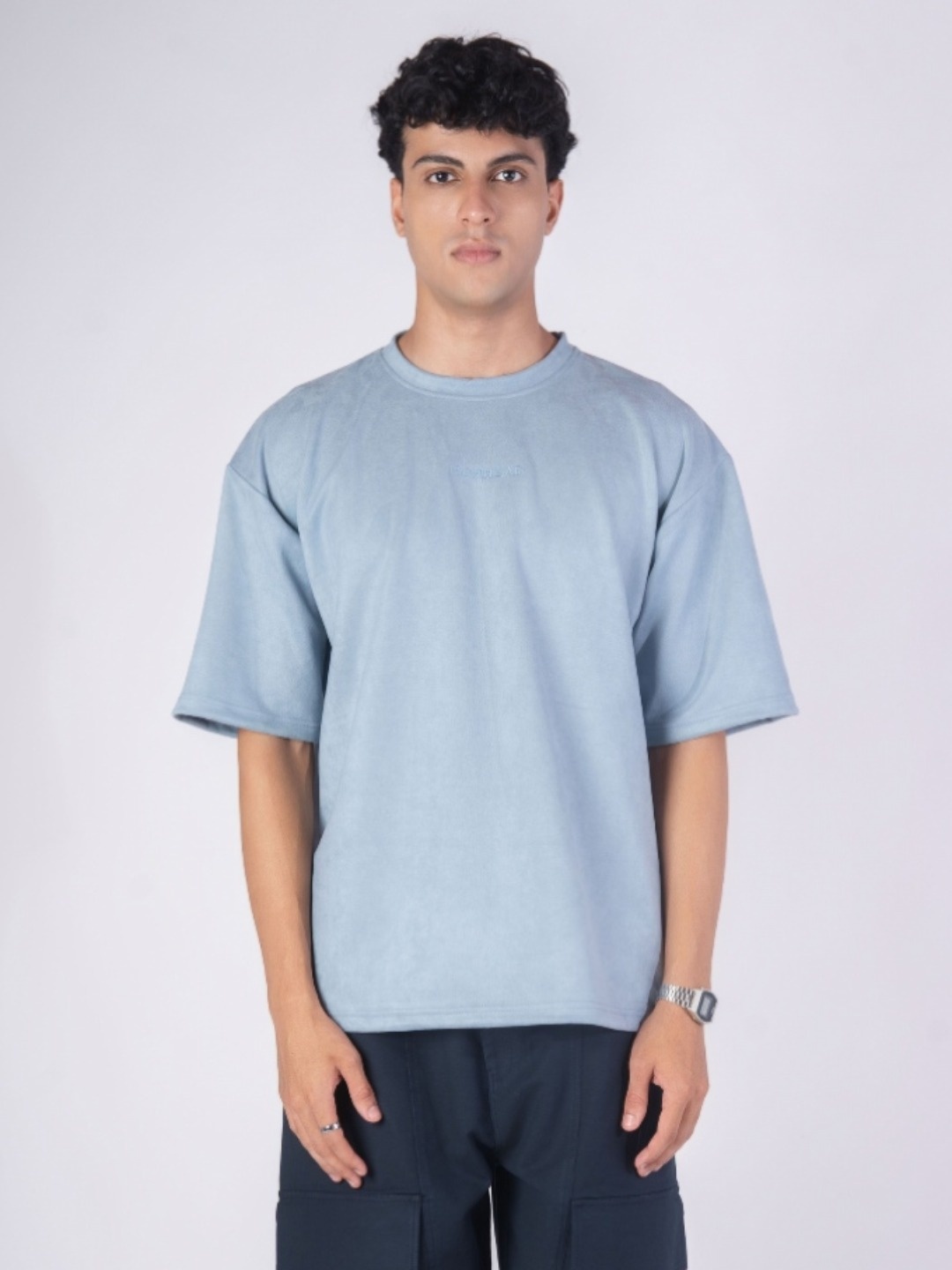 

Hop Head Powder Blue Embroidered Suede Baggy T-Shirt