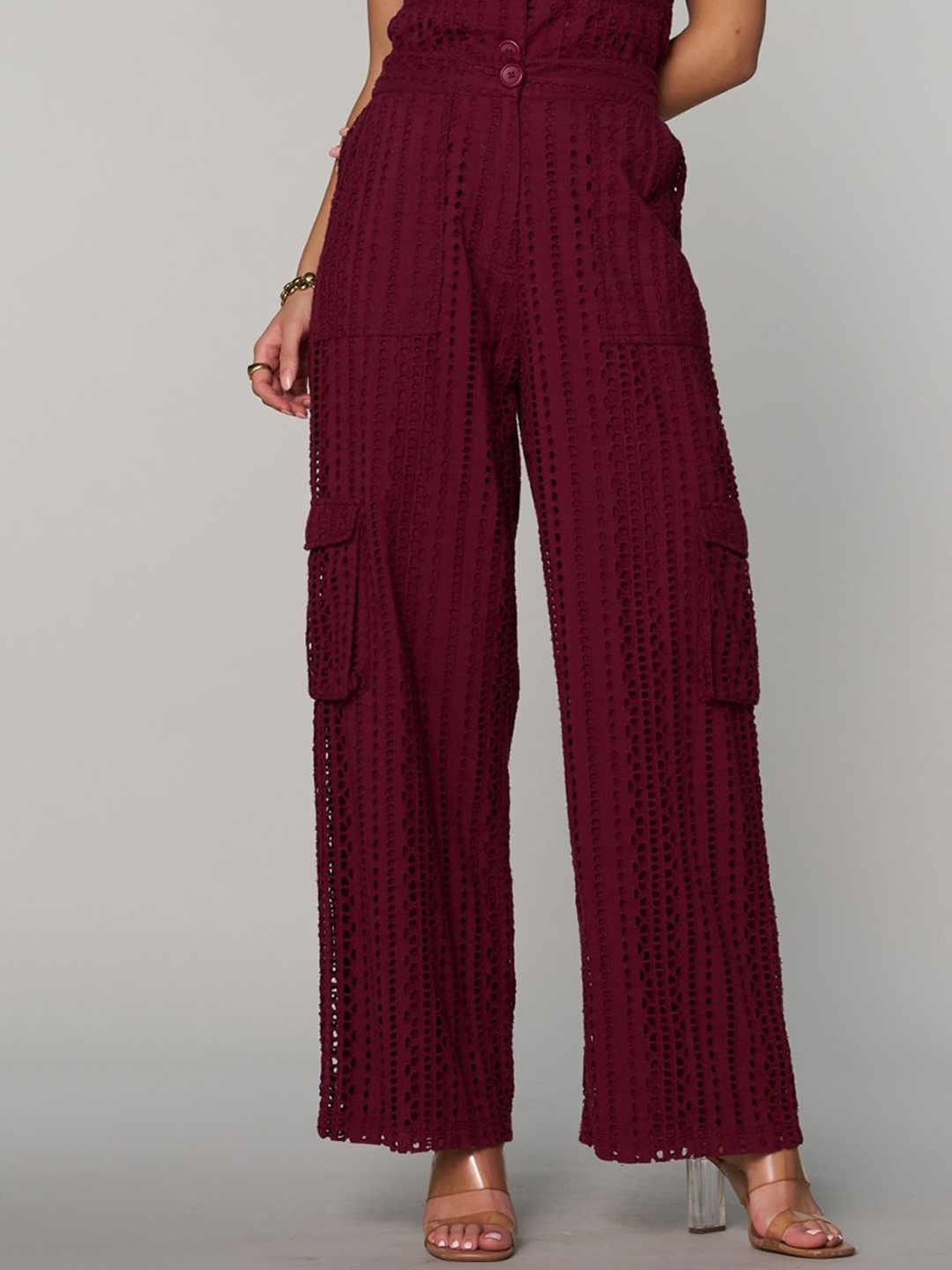 

Style Island Women Regular Fit Textured Self Design Cotton Cargos Trousers, Maroon