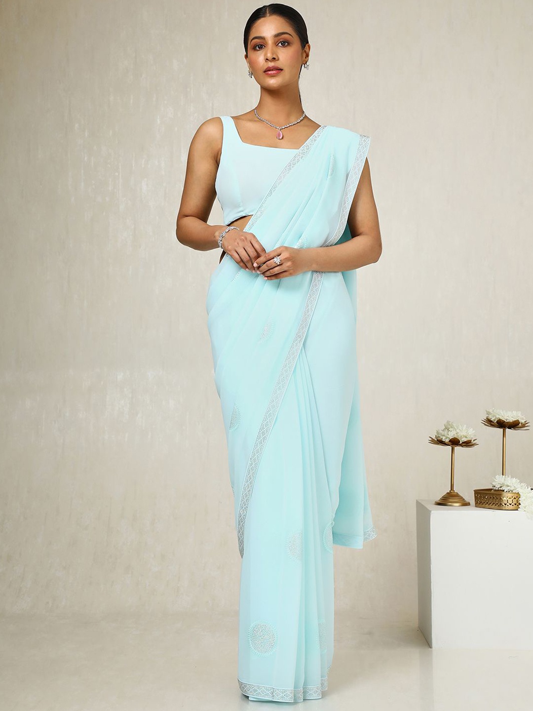 

Soch Embellished Beads and Stones Pure Georgette Saree, Turquoise blue