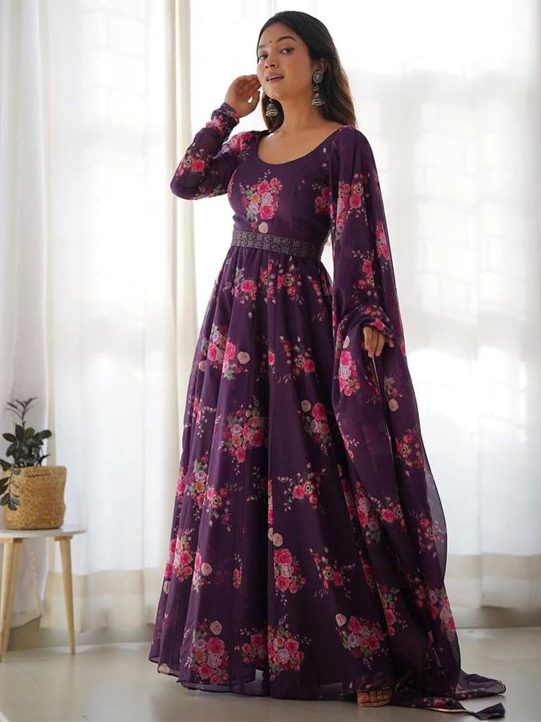 

JULEE Floral Print Crepe Fit & Flare Maxi Ethnic Dress, Purple
