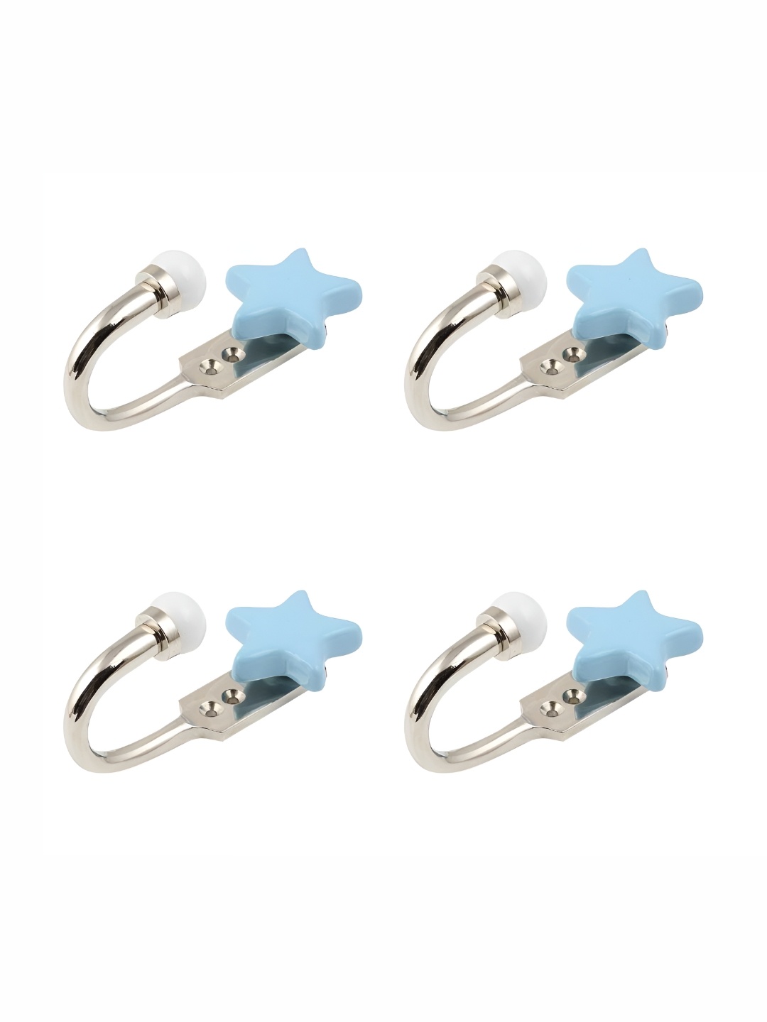 

IndianShelf Turquoise Blue and Silvertoned 4 Pieces Ceramic Star Textured Wall Hooks