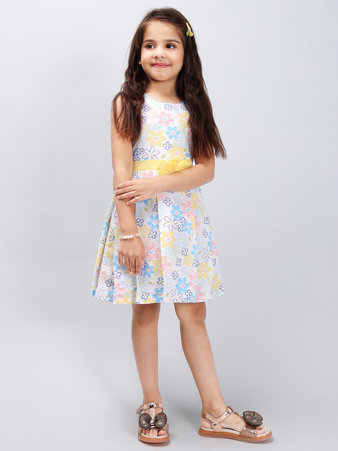 

PINK MERMAID Girls Cotton Print A-Line Dress, Yellow