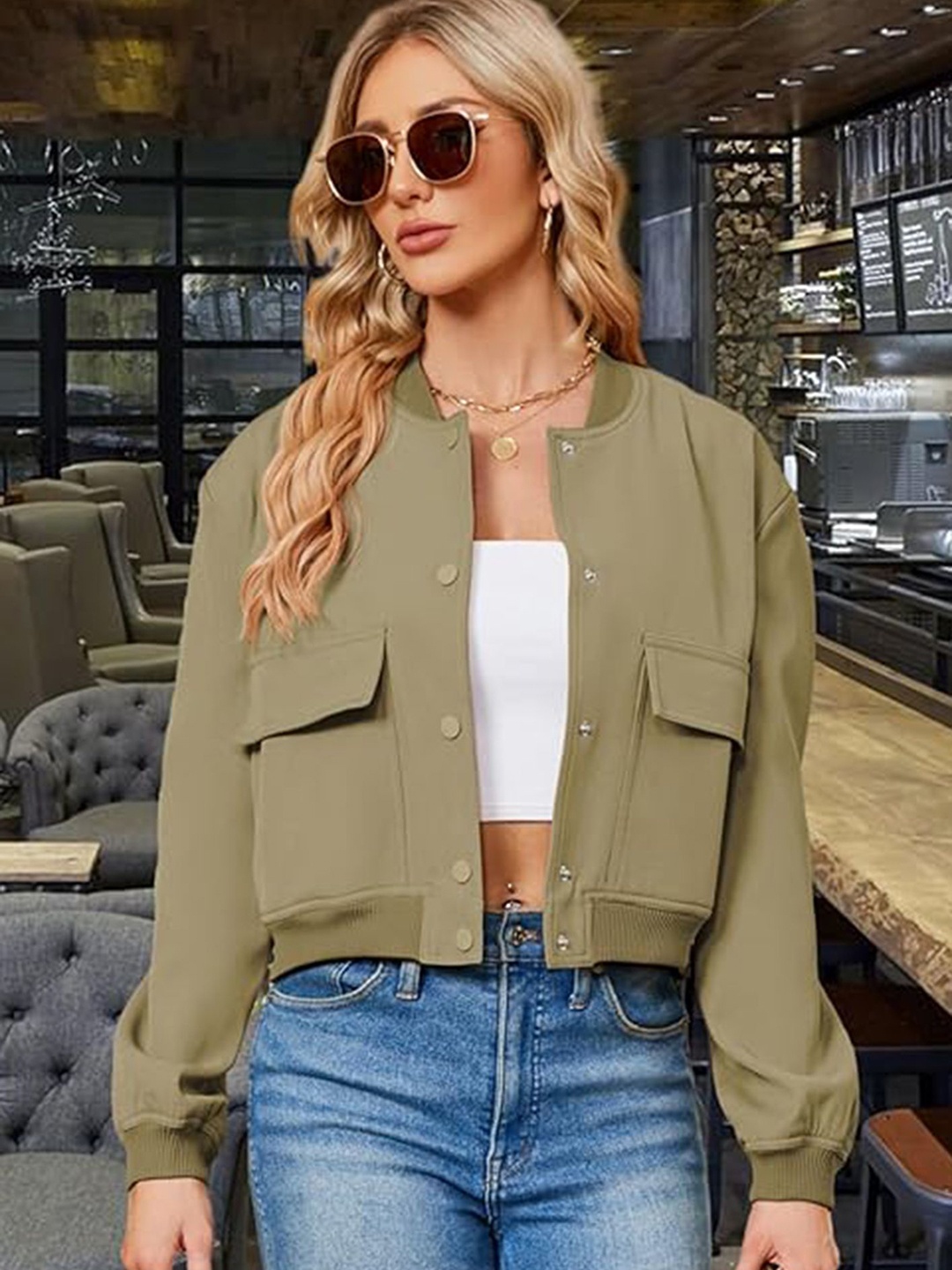 

LULU & SKY Women Collarless Solid Casual Bomber Jacket, Olive