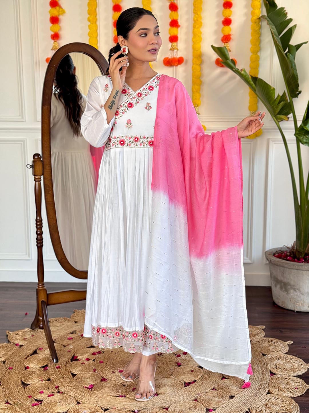 

KALINI V-Neck Floral Embroidered Thread Work Pleated Anarkali Kurta with Trouser & Dupatta, White