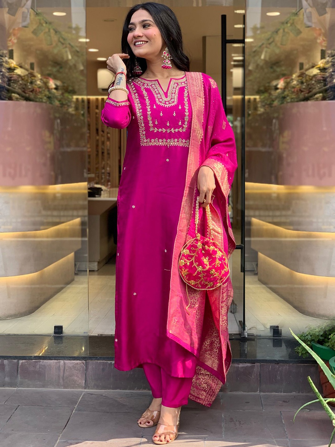 

KALINI Floral Embroidered Notch Neck Straight Kurta With Trousers & Dupatta, Pink