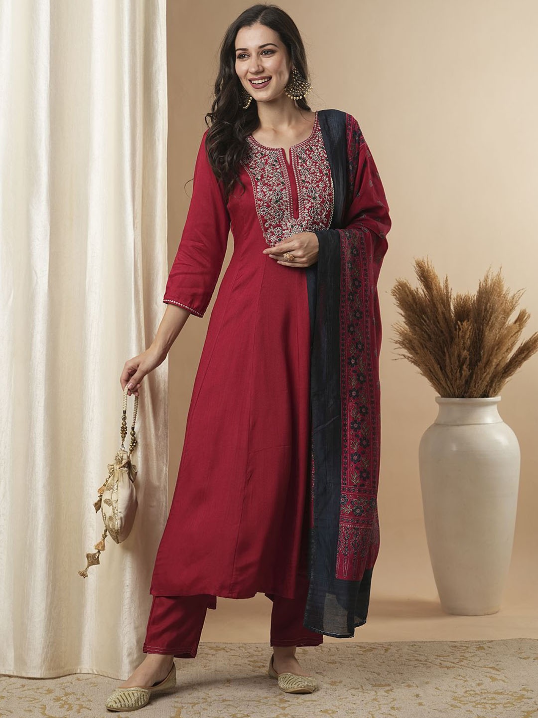 

FASHOR Floral Embroidered Sequinned A-Line Kurta With Trousers & Dupatta, Red