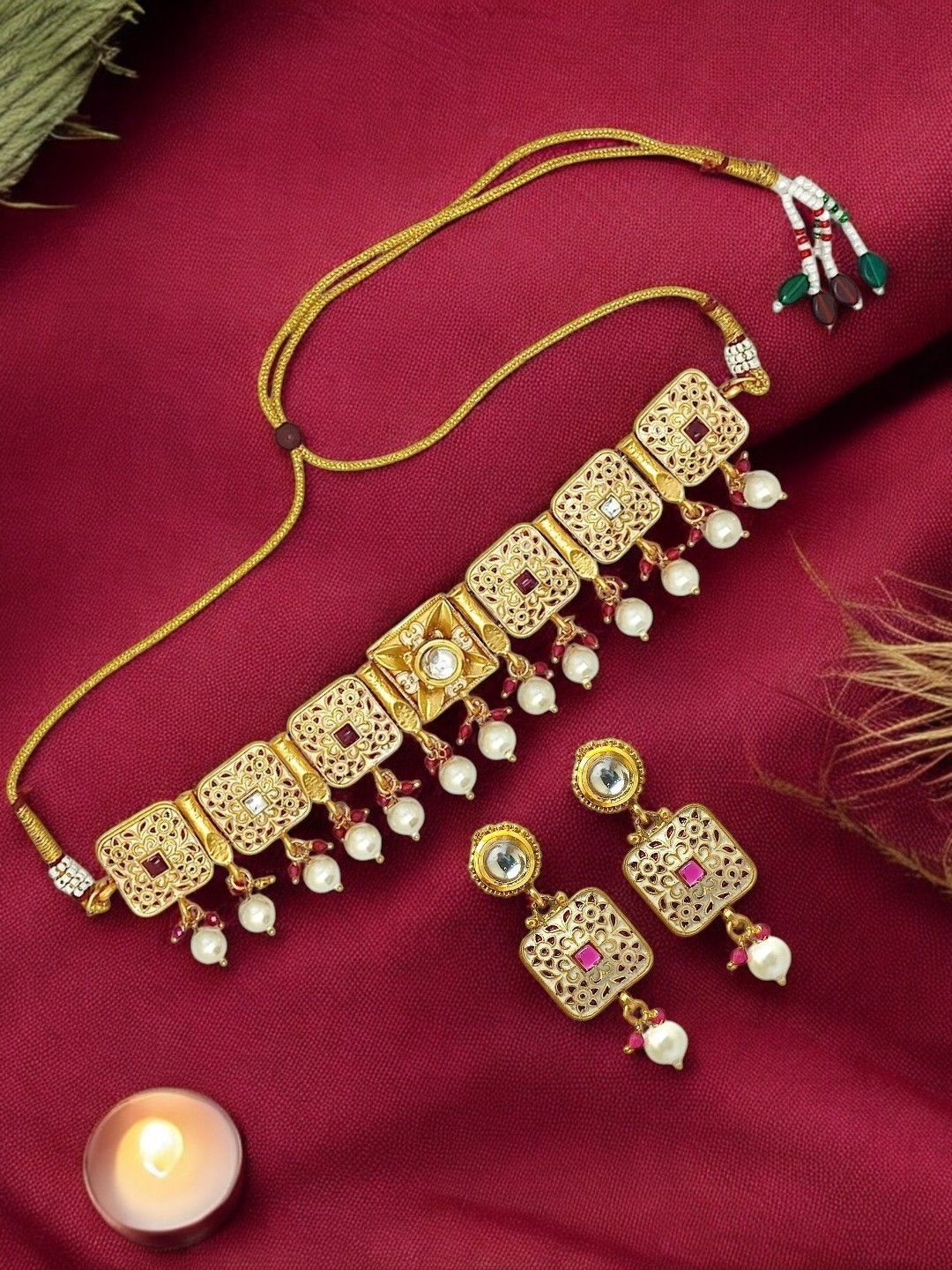 

FEMMIBELLA Gold Plated Stone Studded & Beaded Meenakari Jewellery Set