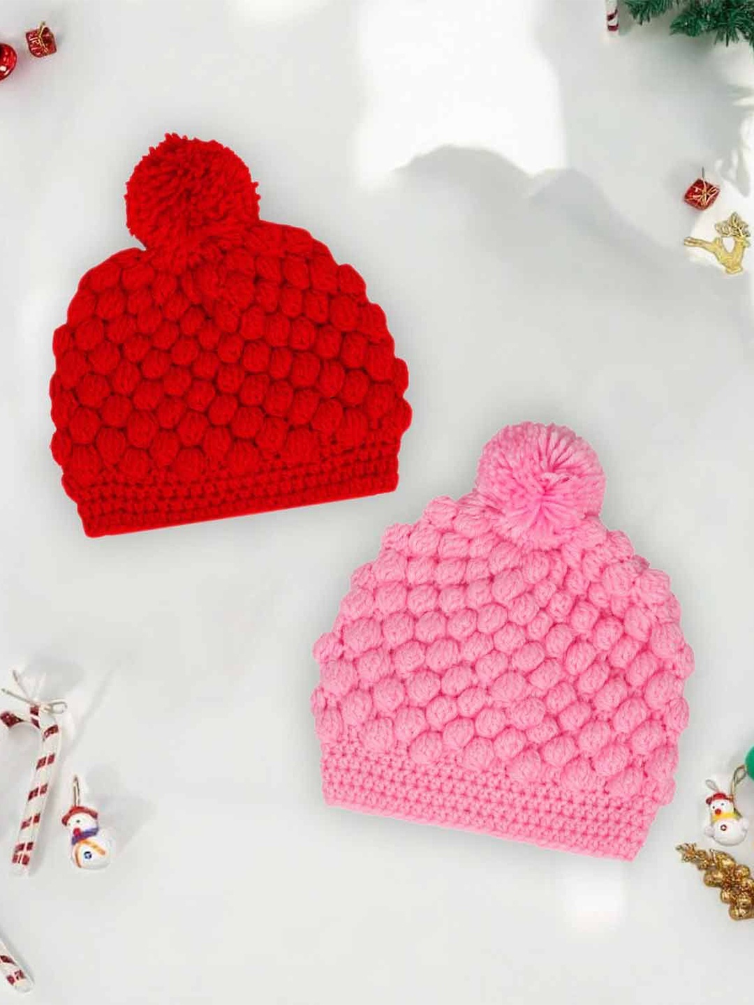 

LITTLE GINNIE Kids Pack Of 2 Sung Fit Self Design Woollen Beanie Caps, Pink
