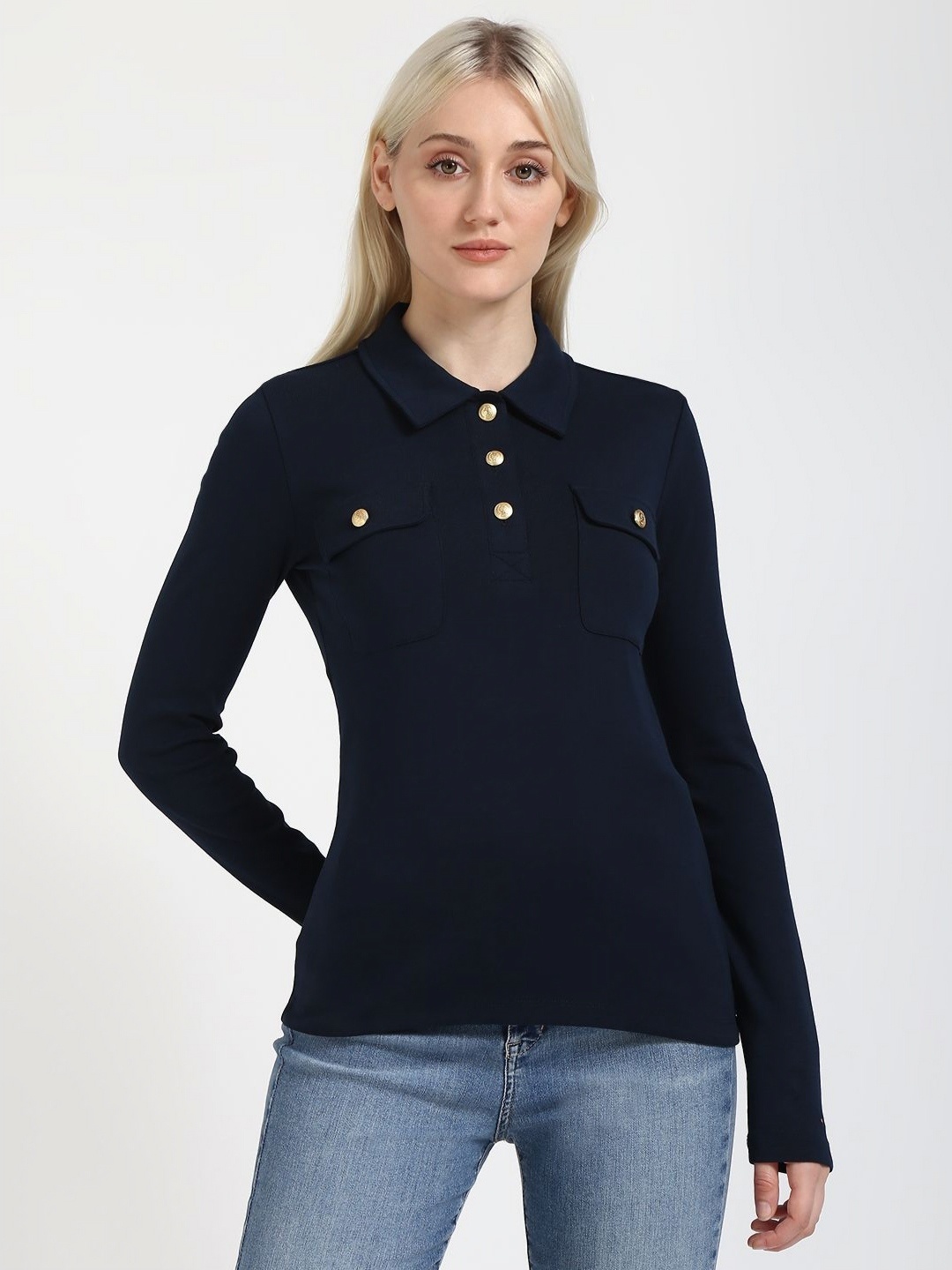 

Tommy Hilfiger Women Polo Collar Applique Slim Fit T-shirt, Blue
