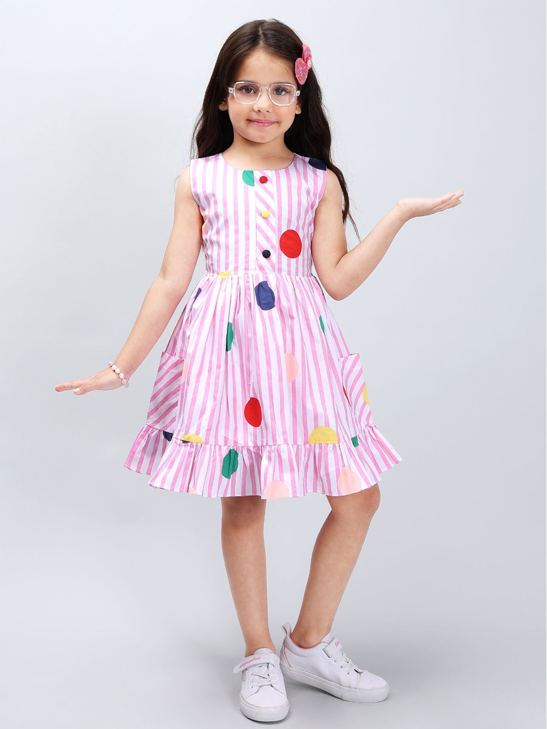 

PINK MERMAID Girls Polka Dots Printed Linen Fit and Flare Dress