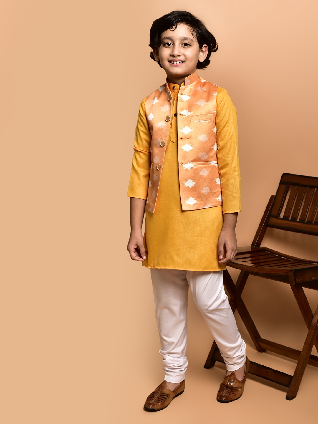 

PRINTINDIA Boys Mandarin Collar Regular Straight Kurta with Pyjamas, Yellow