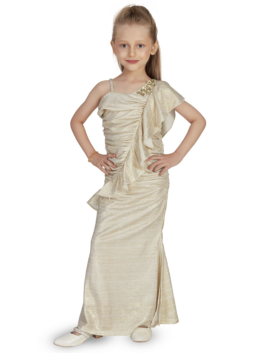 

Hunny Bunny Girls One Shoulder Ruffles Maxi Dress, Gold