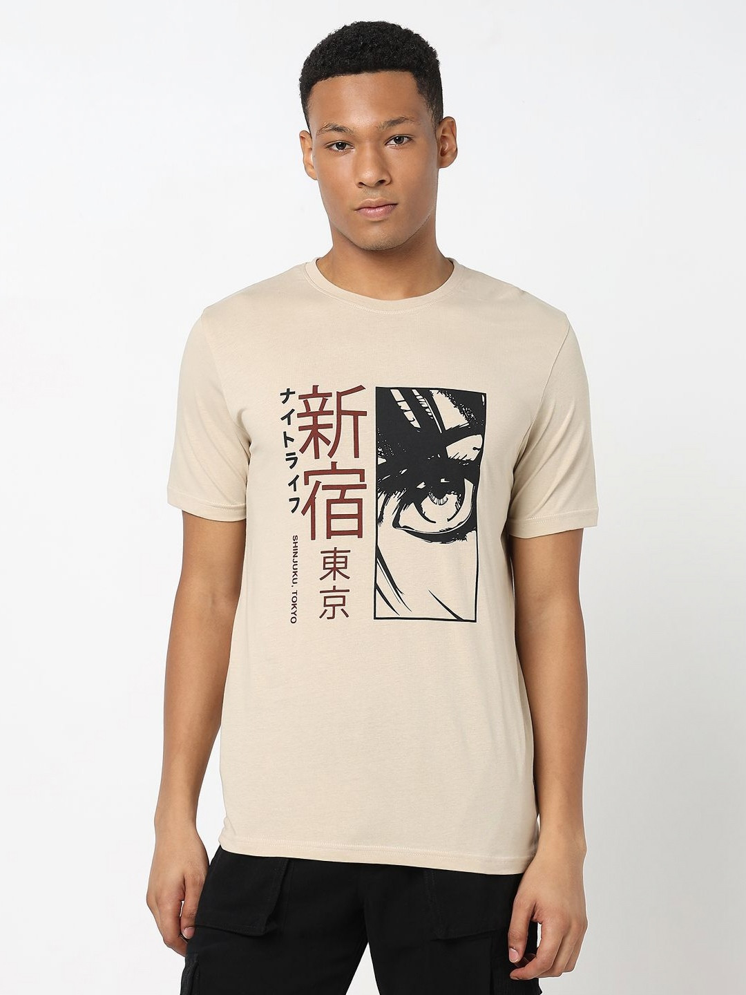 

R&B Men Graphic Printed Round Neck Cotton T-shirt, Beige