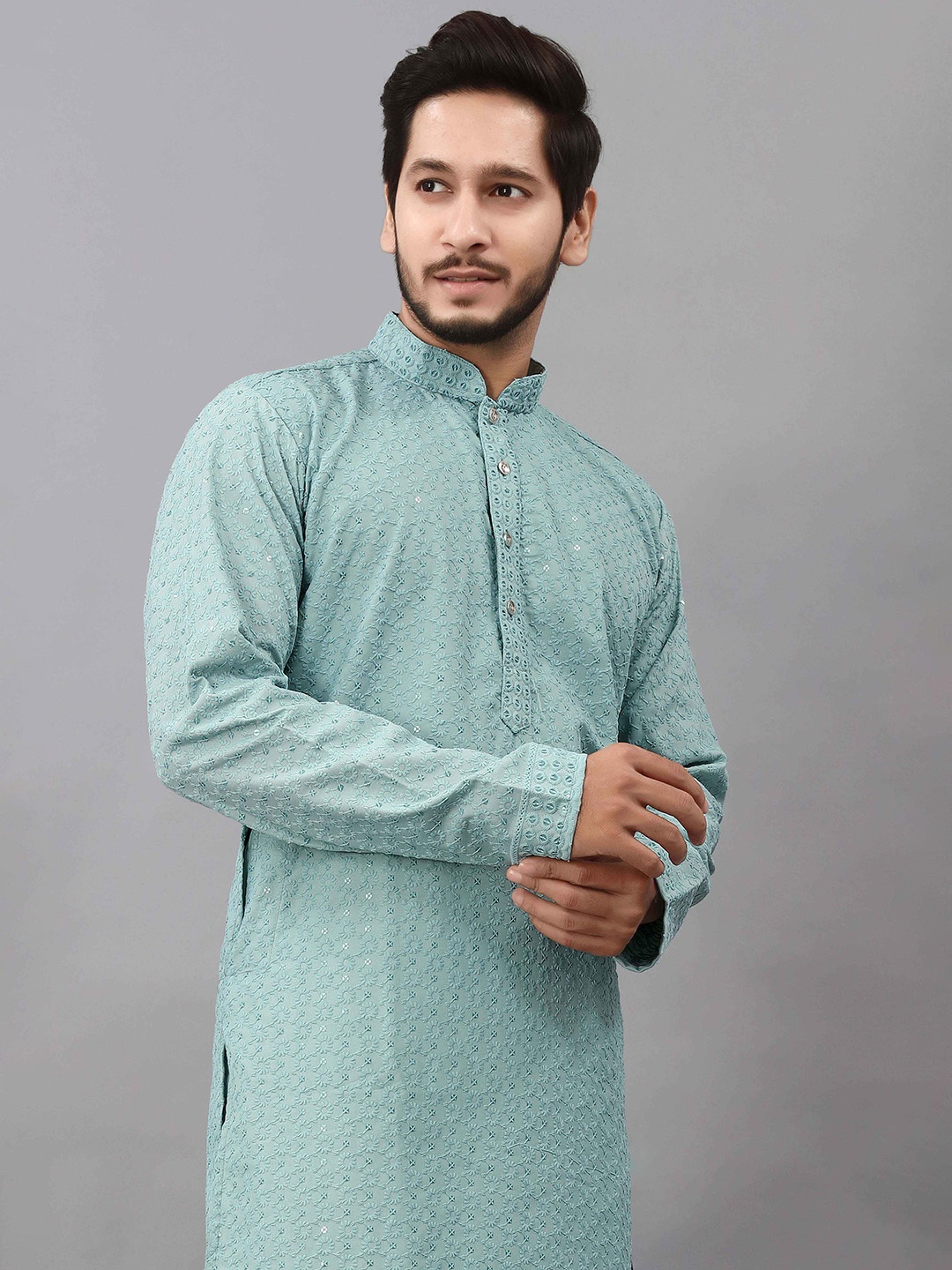 

ALMORA Floral Embroidered Mandarin Collar Sequinned Pure Cotton Straight Kurta With Pyjama, Green