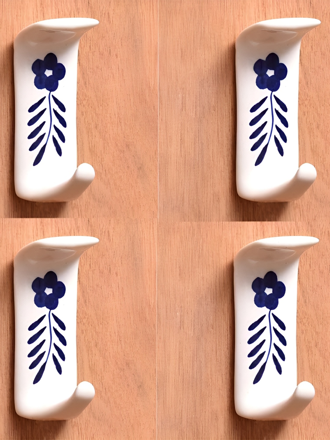 

IndianShelf White & Blue 4 Pieces Floral Printed Ceramic Wall Hooks