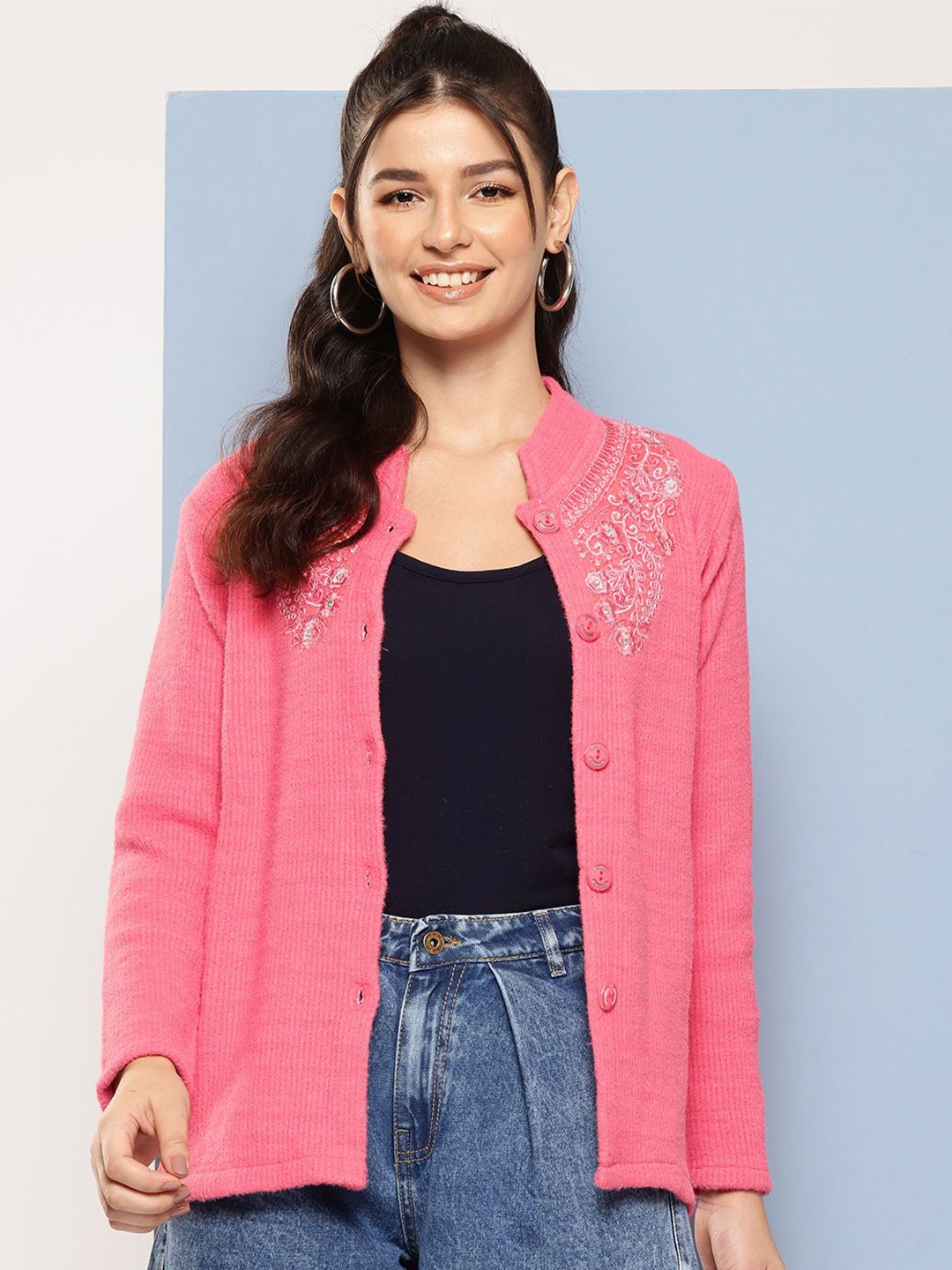 

BAESD Women Floral Embroidered Woollen Cardigan, Pink