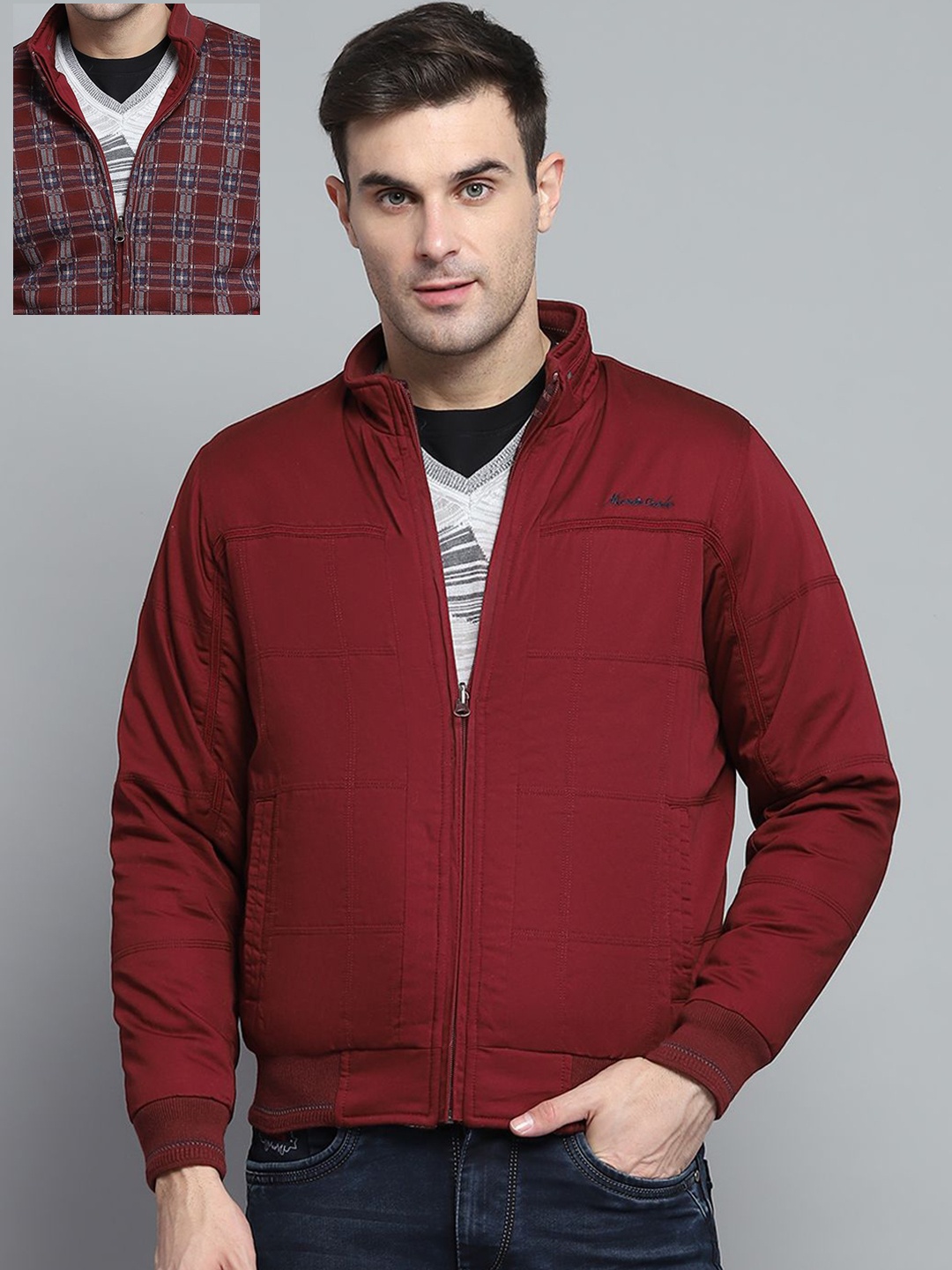 

Monte Carlo Men Mock Collar Solid Cotton Casual Padded Reversible Jacket, Maroon