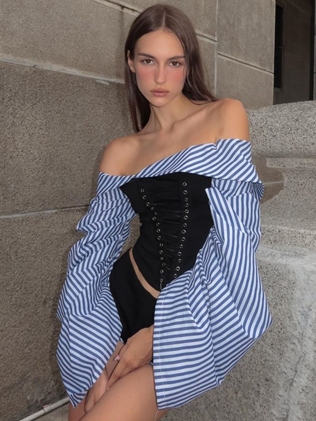 

LULU & SKY Striped Off-Shoulder Neck Long Sleeves Top With Shorts, Black