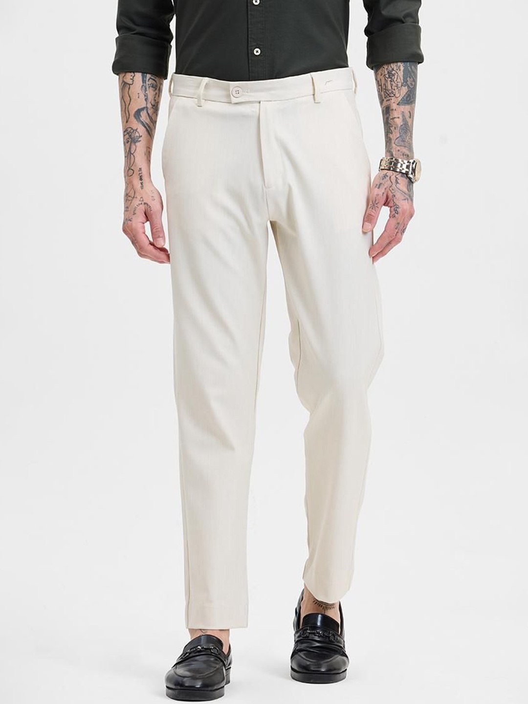 

Snitch Men Smart Slim Fit Trousers, Cream