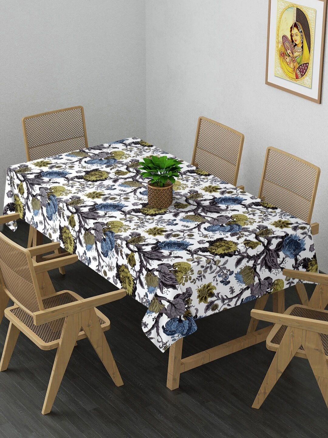 

Aura White & Blue Floral Printed Cotton 6-Seater Table Cover