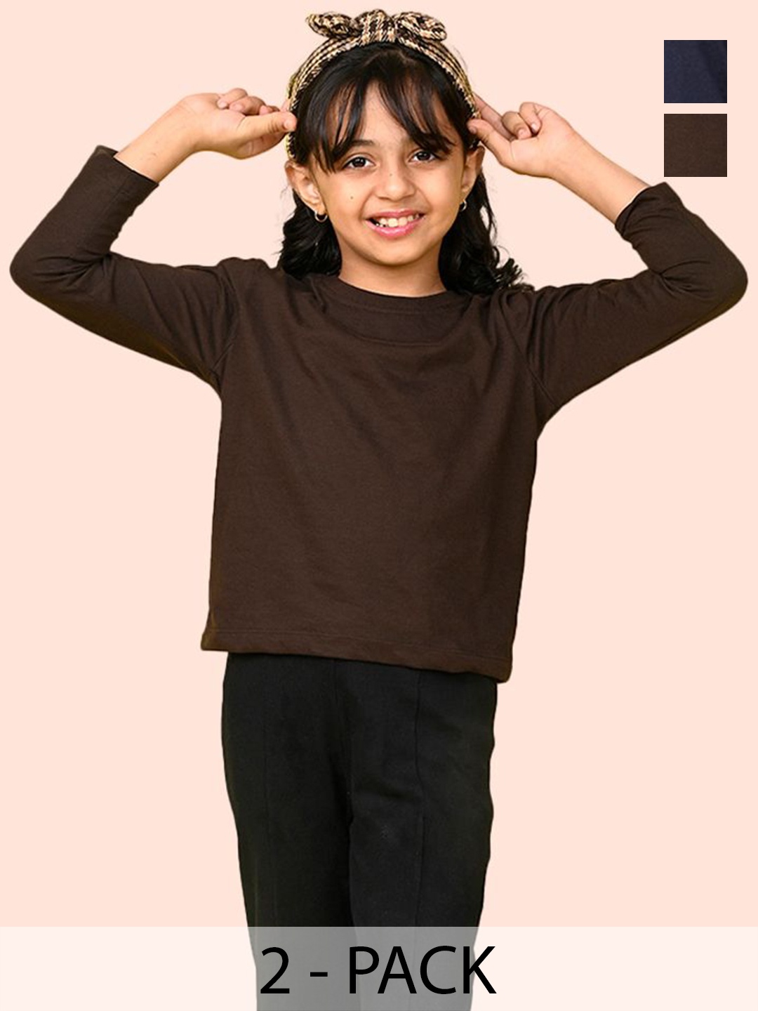 

NUSYL Pack Of 2 Girls Solid Round Neck Cotton T-shirts, Navy blue