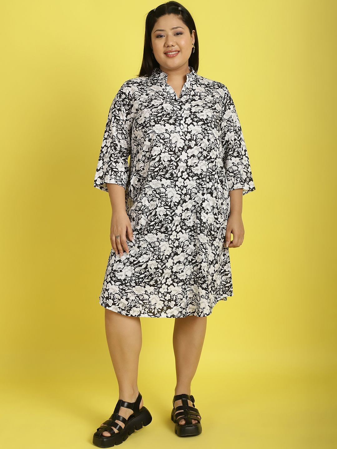 

theRebelinme Women Floral Printed Plus Size A-Line Midi Dress, Black