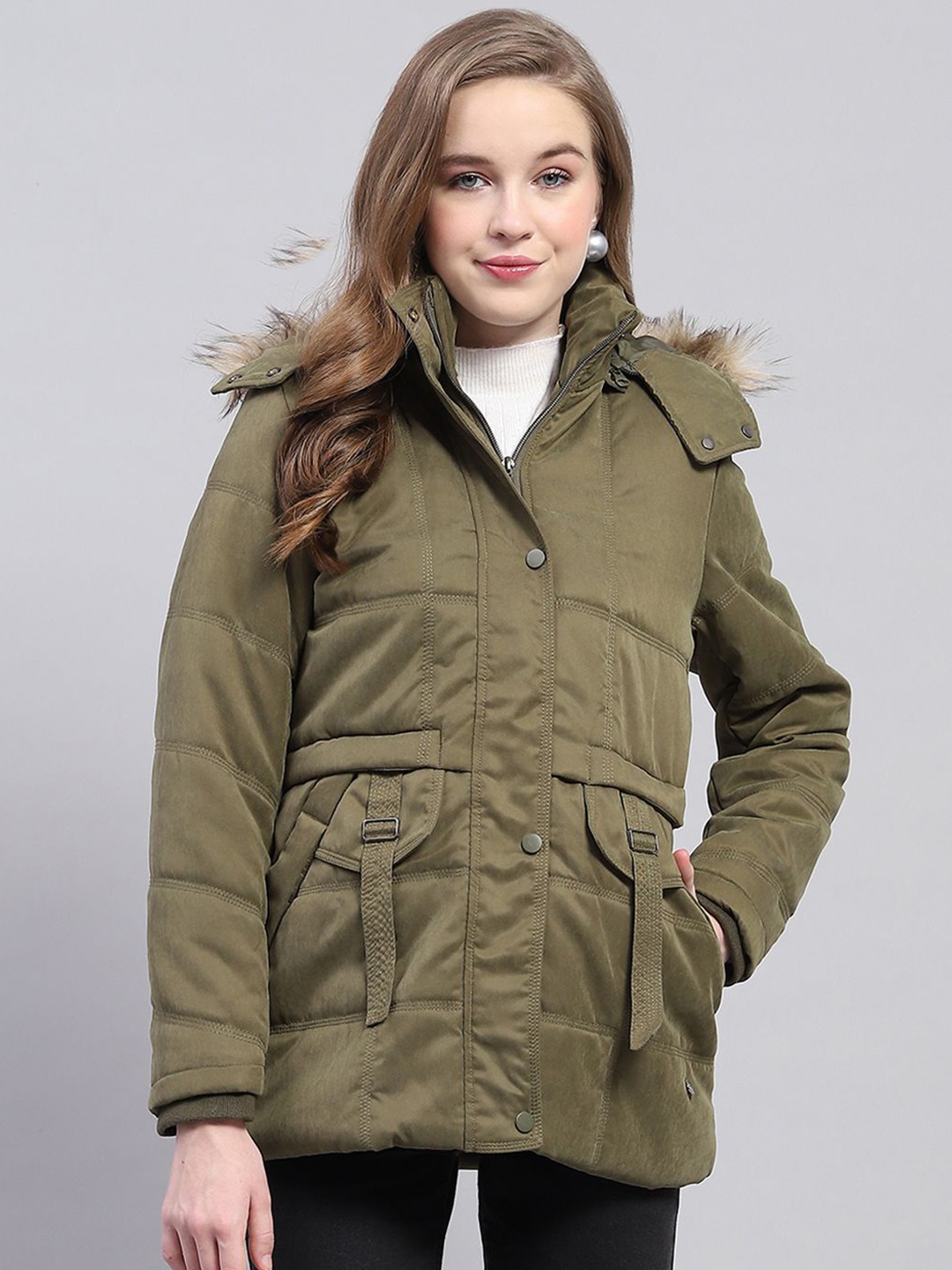 

Monte Carlo Women Hooded Solid Casual Parka Jacket, Olive