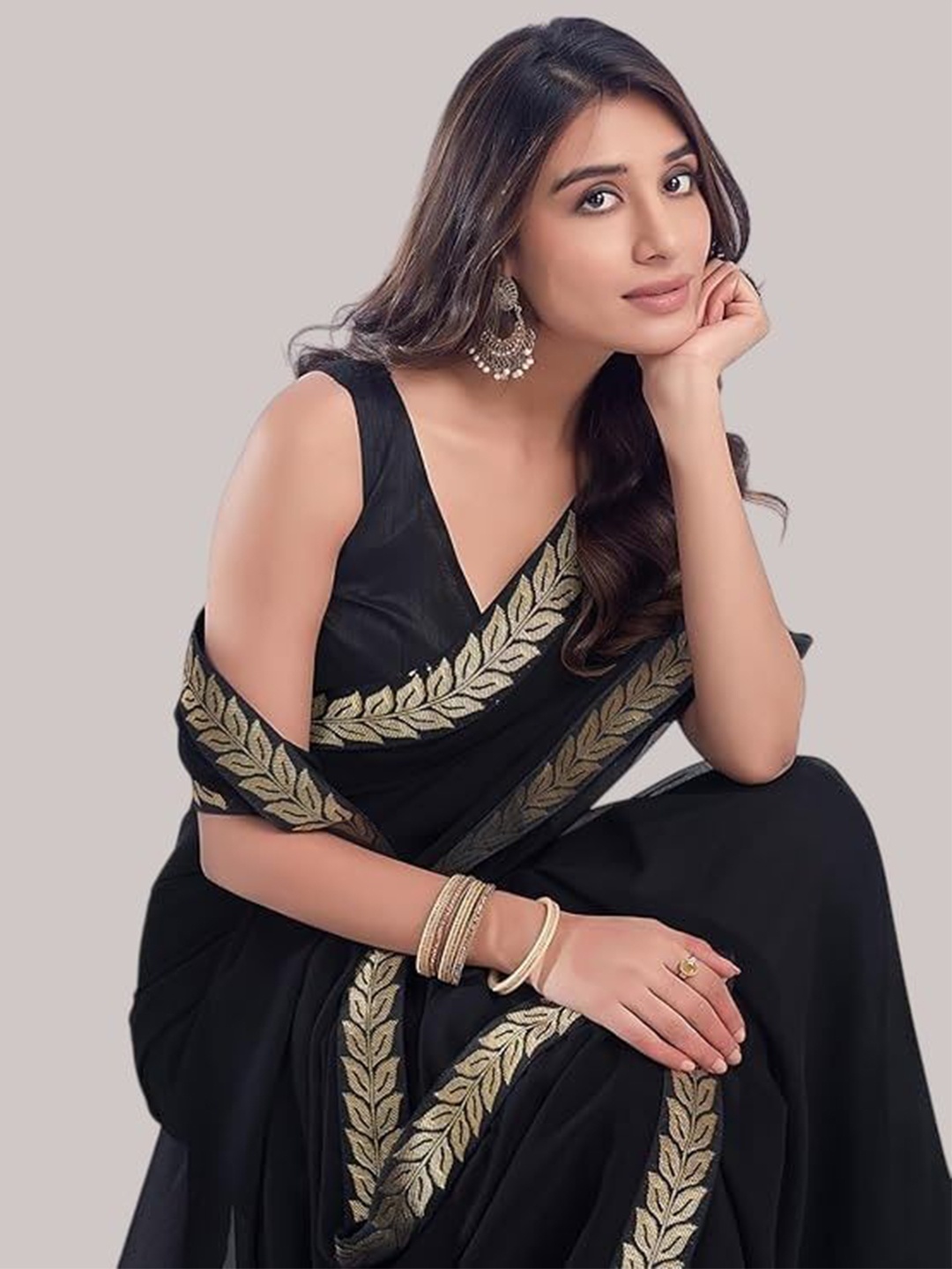 

Civamee Embroidered Saree with Blouse Piece, Black