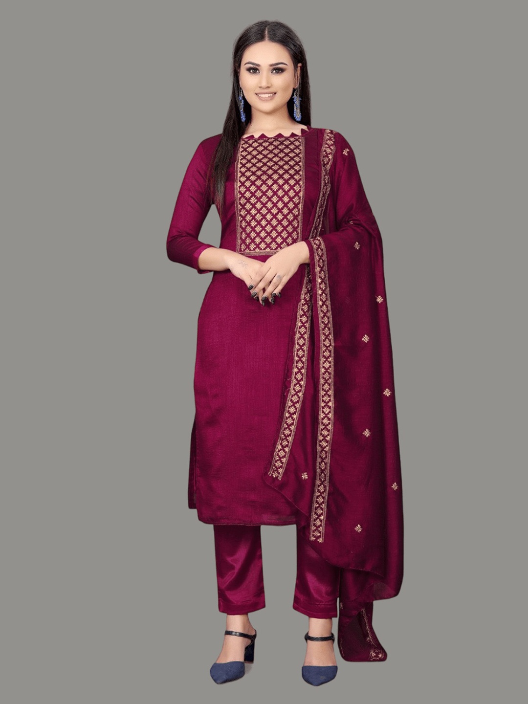 

Aika Ethnic Motifs Embroidered Sequinned Pure Silk Unstitched Dress Material, Purple