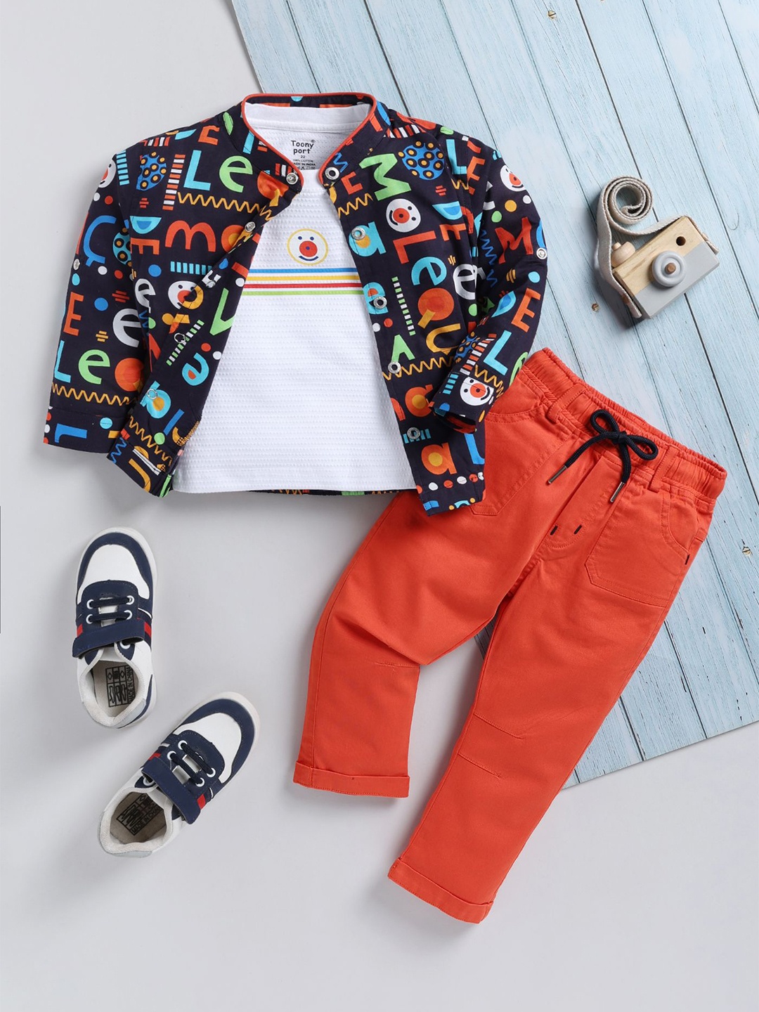 

Toonyport Boys Printed Band Collar Shirt With T-Shirt With Trouser, Navy blue
