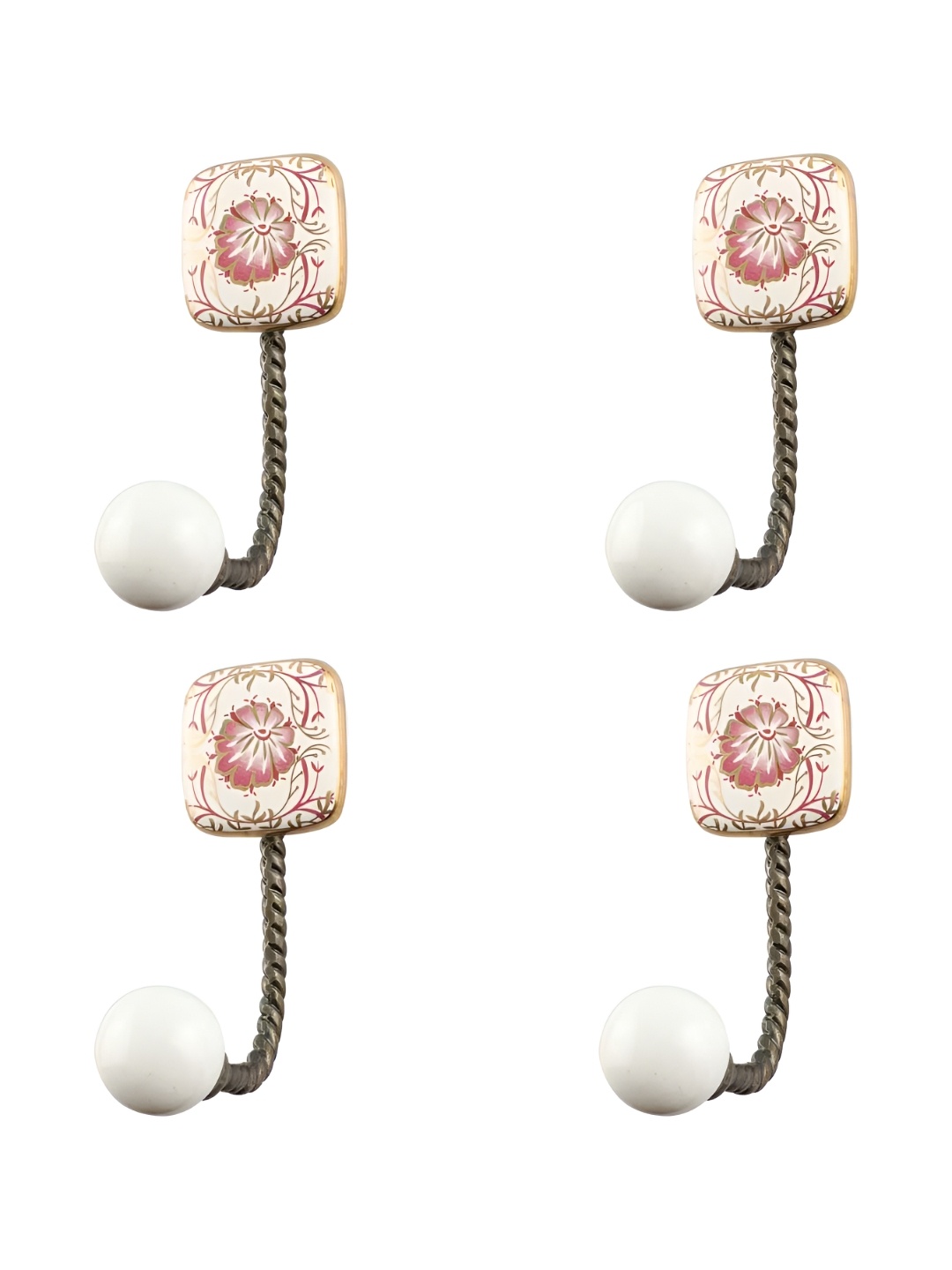 

IndianShelf Cream-Coloured 4 Pieces Floral Printed Ceramic Square Wall Hooks