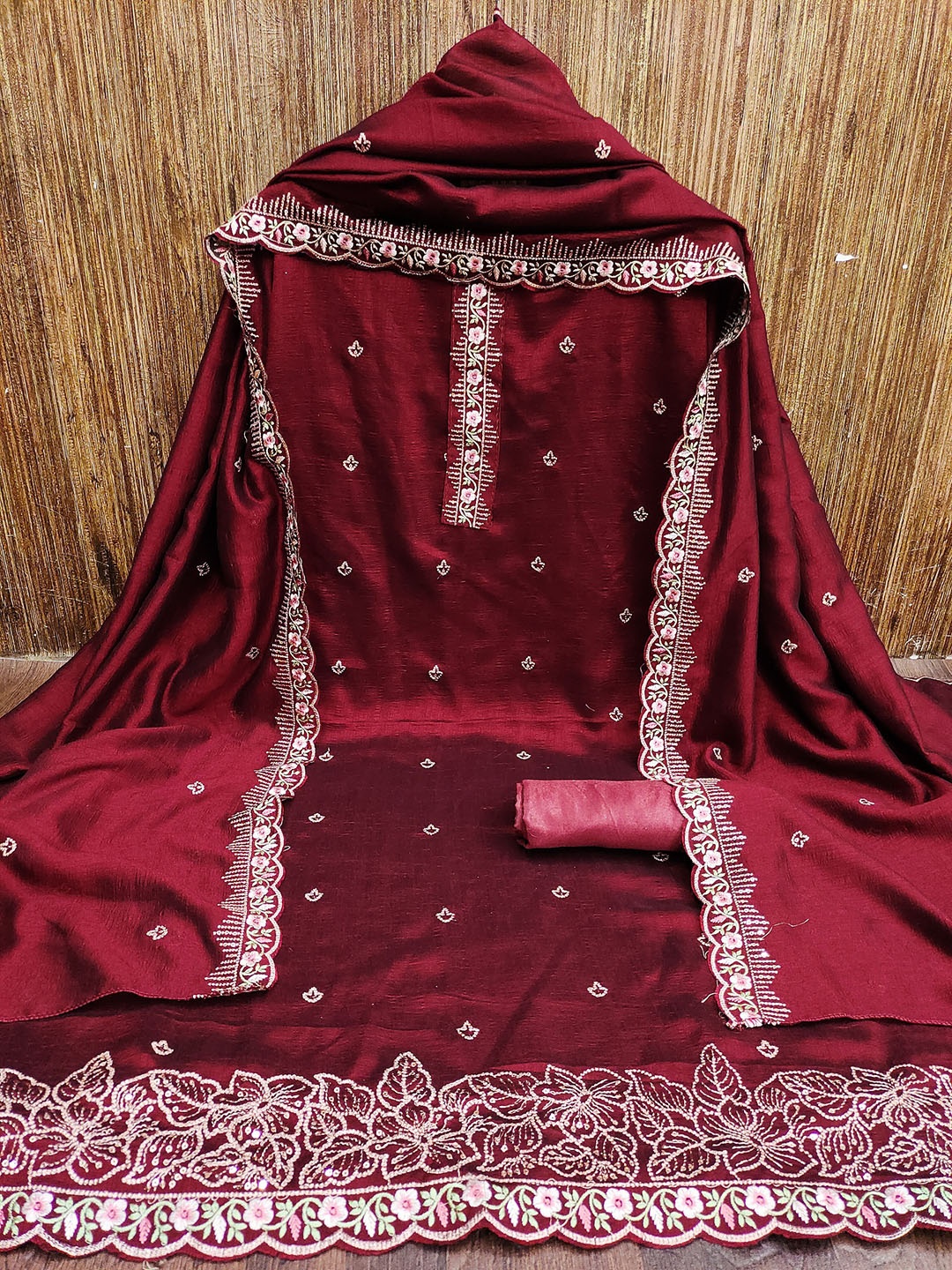 

Aika Ethnic Motifs Embroidered Pure Silk Unstitched Dress Material, Maroon