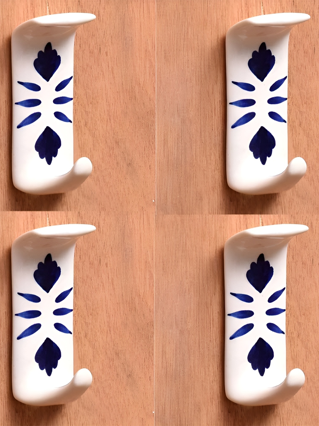 

IndianShelf White and Blue 4 Pieces Floral Printed Ceramic Wall Hooks