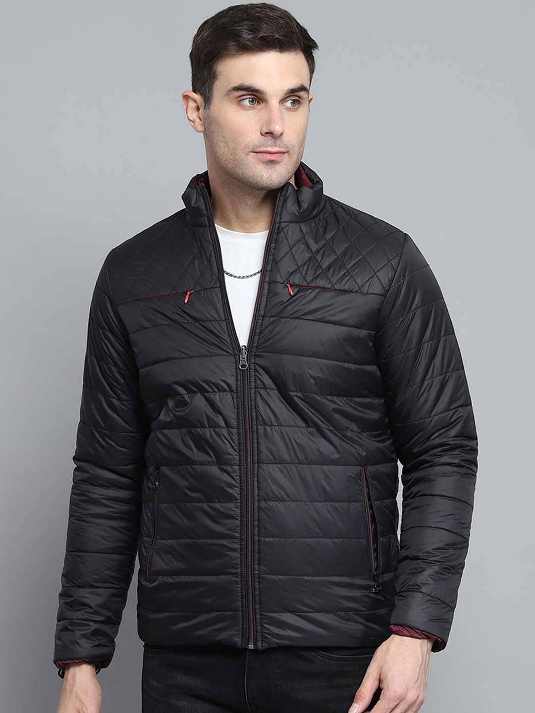 

Monte Carlo Men Mock Collar Solid Casual Padded Reversible Jacket, Black