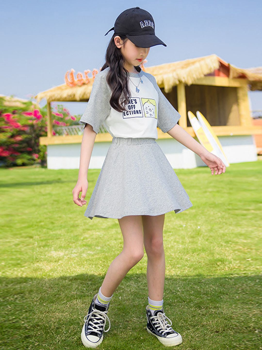 

INCLUD Girls Printed T-shirt with Skirt, Grey