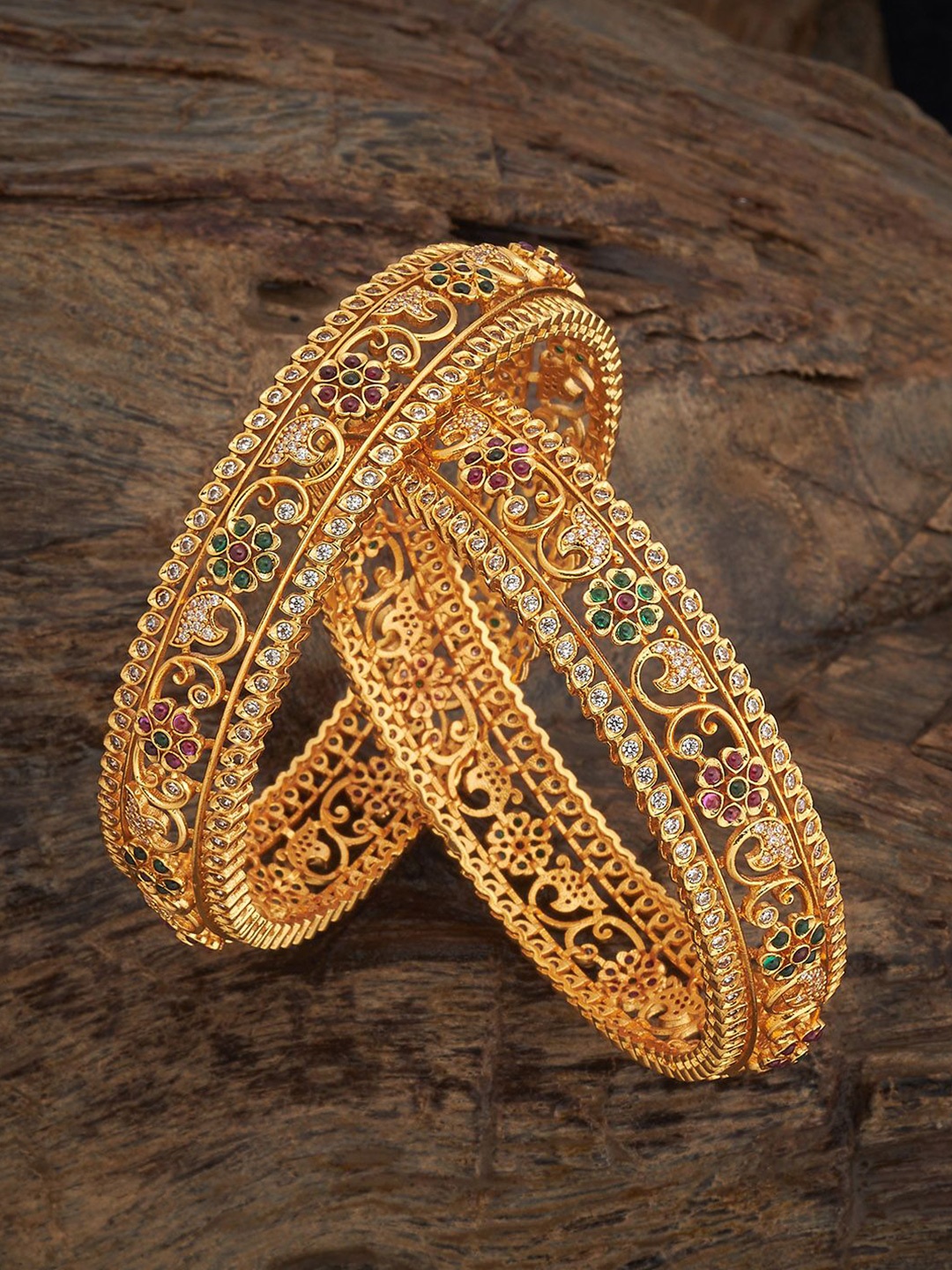 

Kushal's Fashion Jewellery Set Of 2 Gold-Plated Stones Studded Antique Bangles