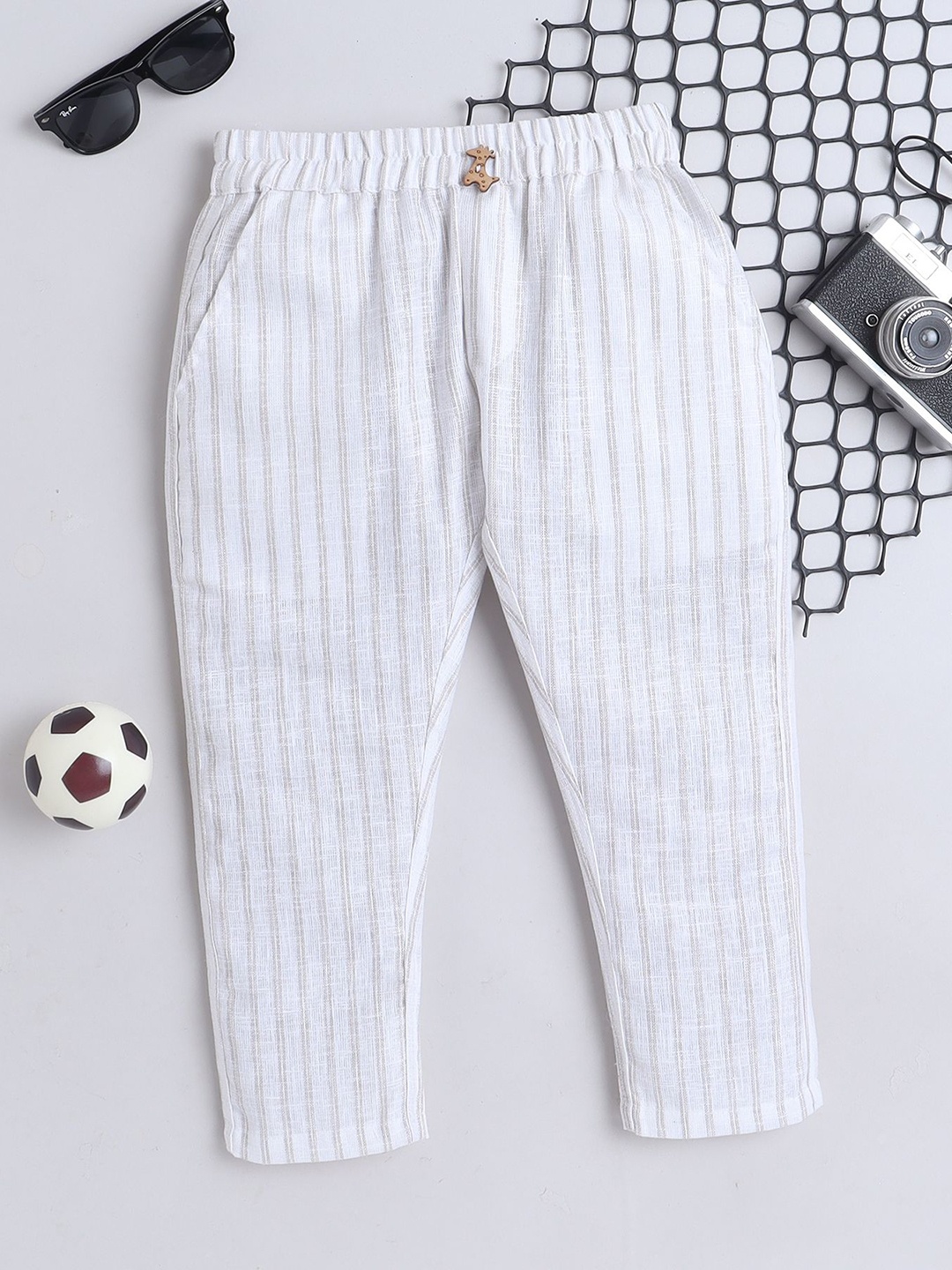 

BAATCHEET Boys Striped Mid-Rise Trousers, White