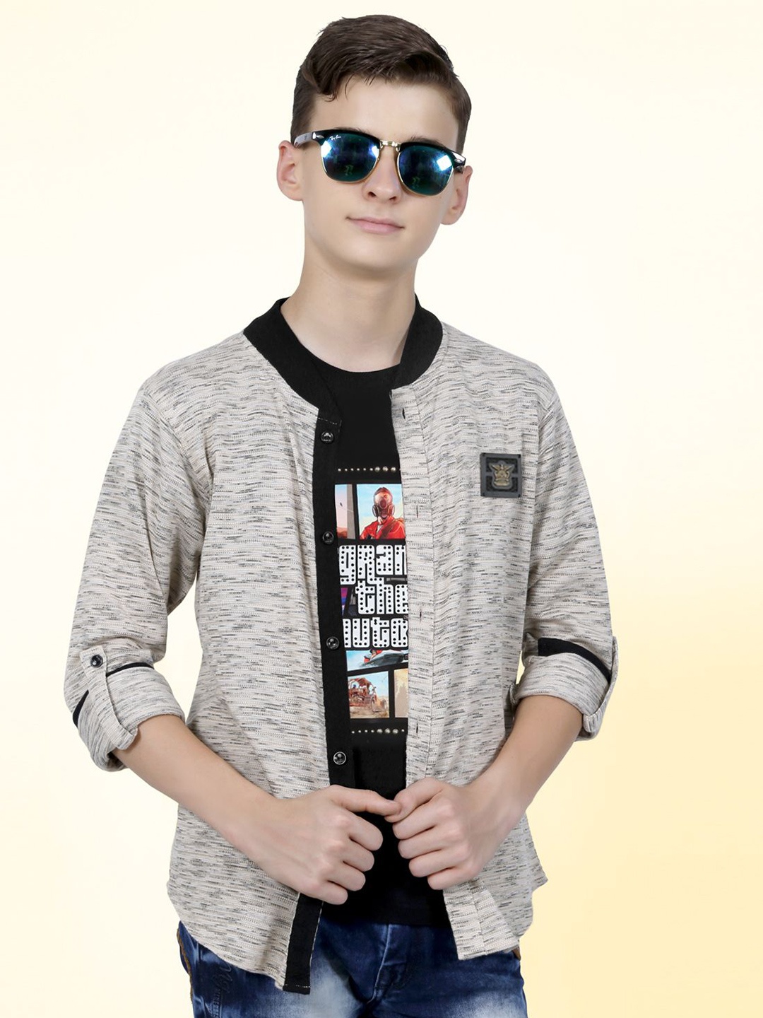 

MashUp Boys Classic Collarless Abstract Printed Cotton Casual Shirt, Beige
