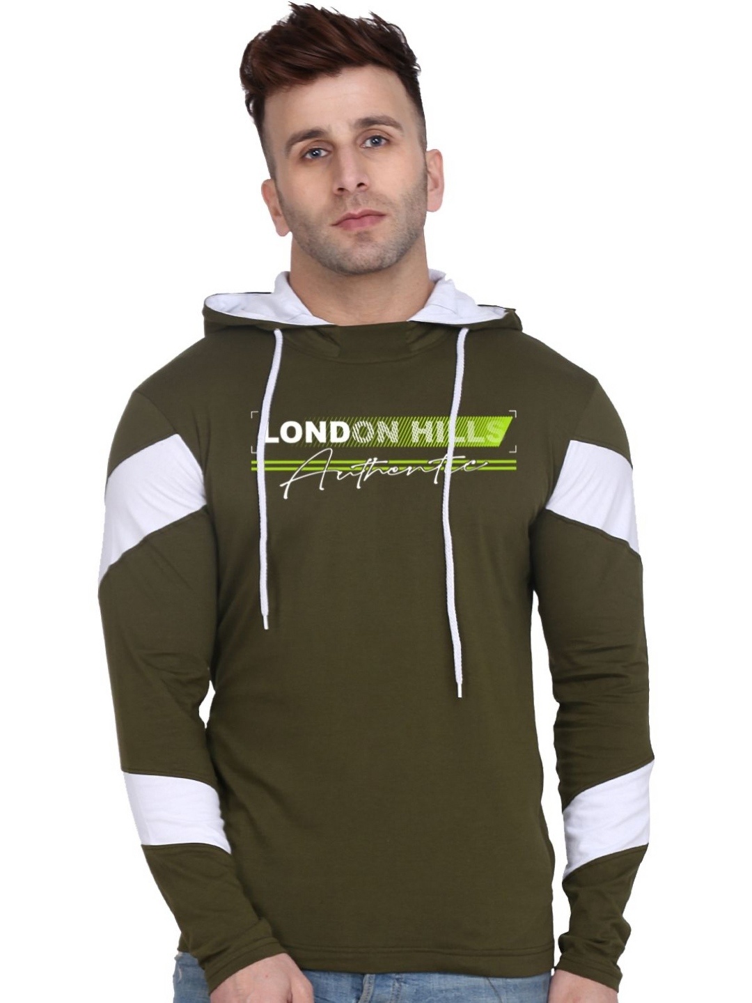 

London Hills Men Typography Printed Hood Cotton T-shirt, Olive