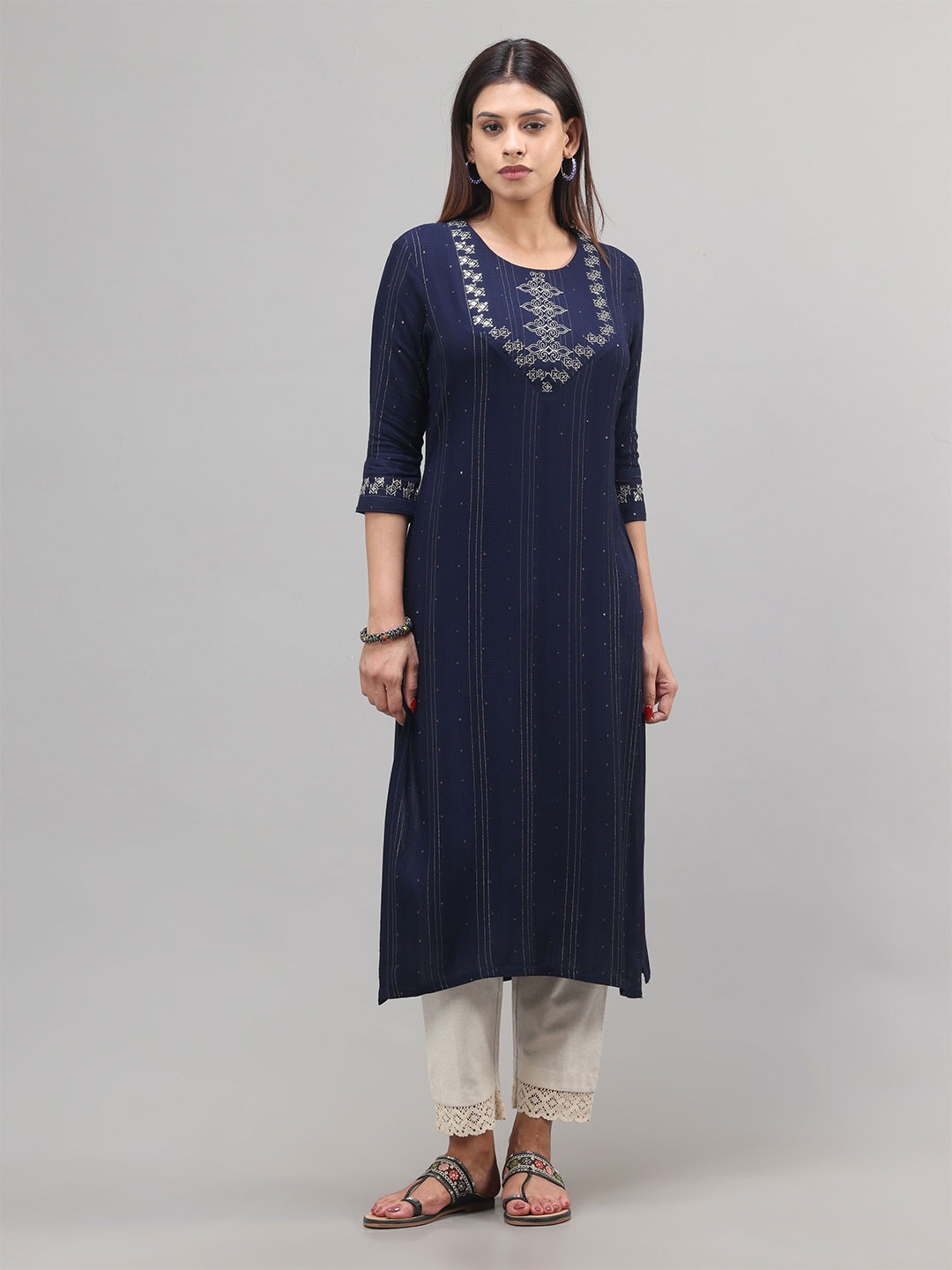 

Vismay Women Ethnic Motifs Embroidered With Sequins Details Straight Kurta, Blue