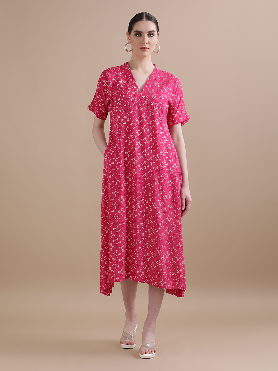 

BLACK & BLAH BLAH Relaxed Fit Printed A-Line Midi Dress, Pink