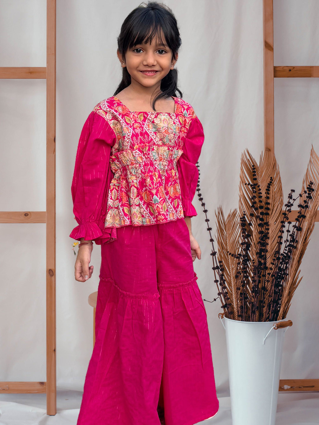 

Peekaaboo Kids Girls Printed Tiered Pure Cotton Top with Sharara, Pink