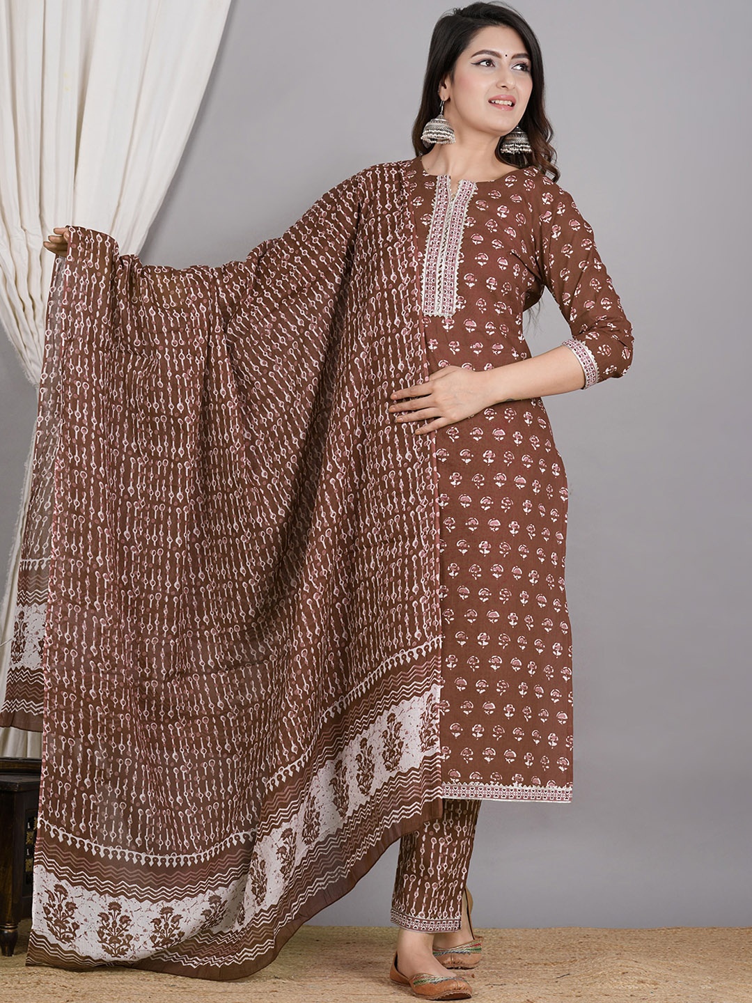 

SIGNORIA Floral Printed Thread Work Pure Cotton Kurta With Trousers & Dupatta, Brown