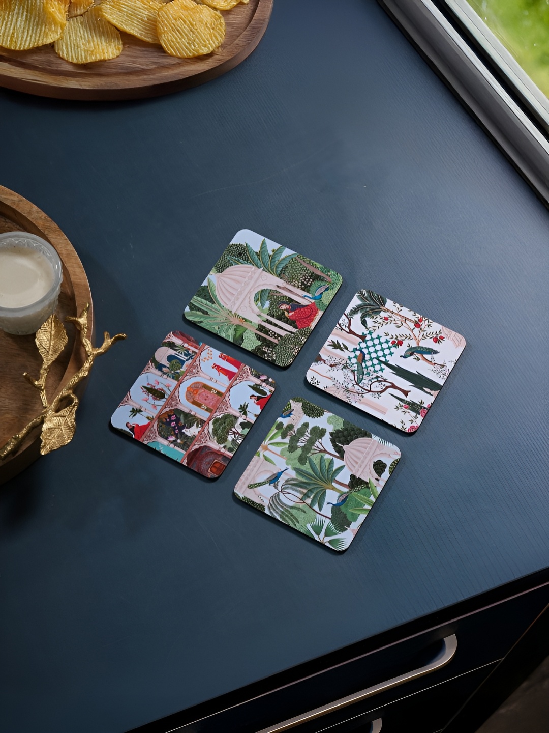 

Homspurts Green & Red 4 Pieces Mughal Garden Printed Square Wooden Coasters