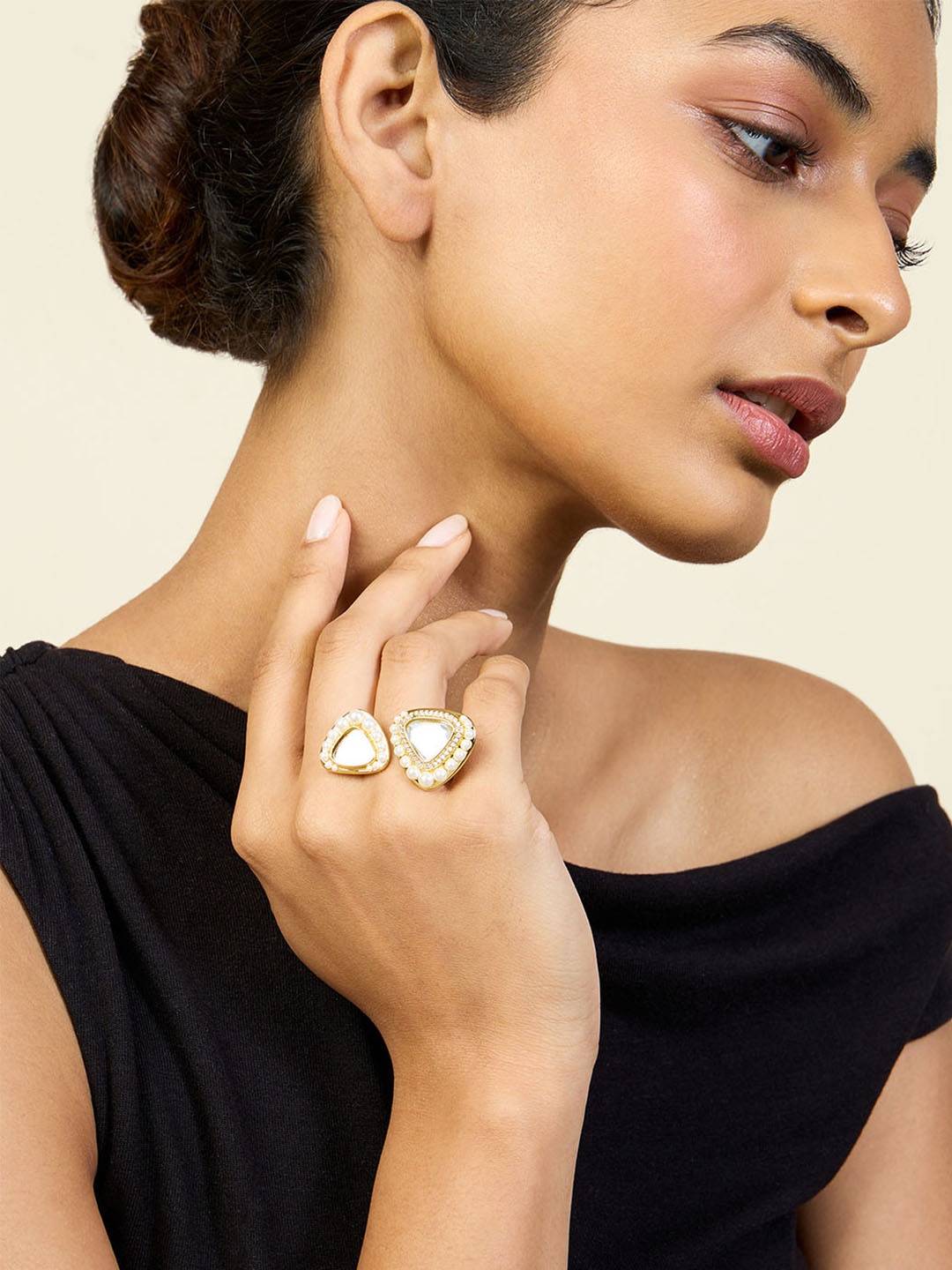 

Isharya Gold Plated CZ Stone Studded & Pearls Beaded Noori Two Finger Ring