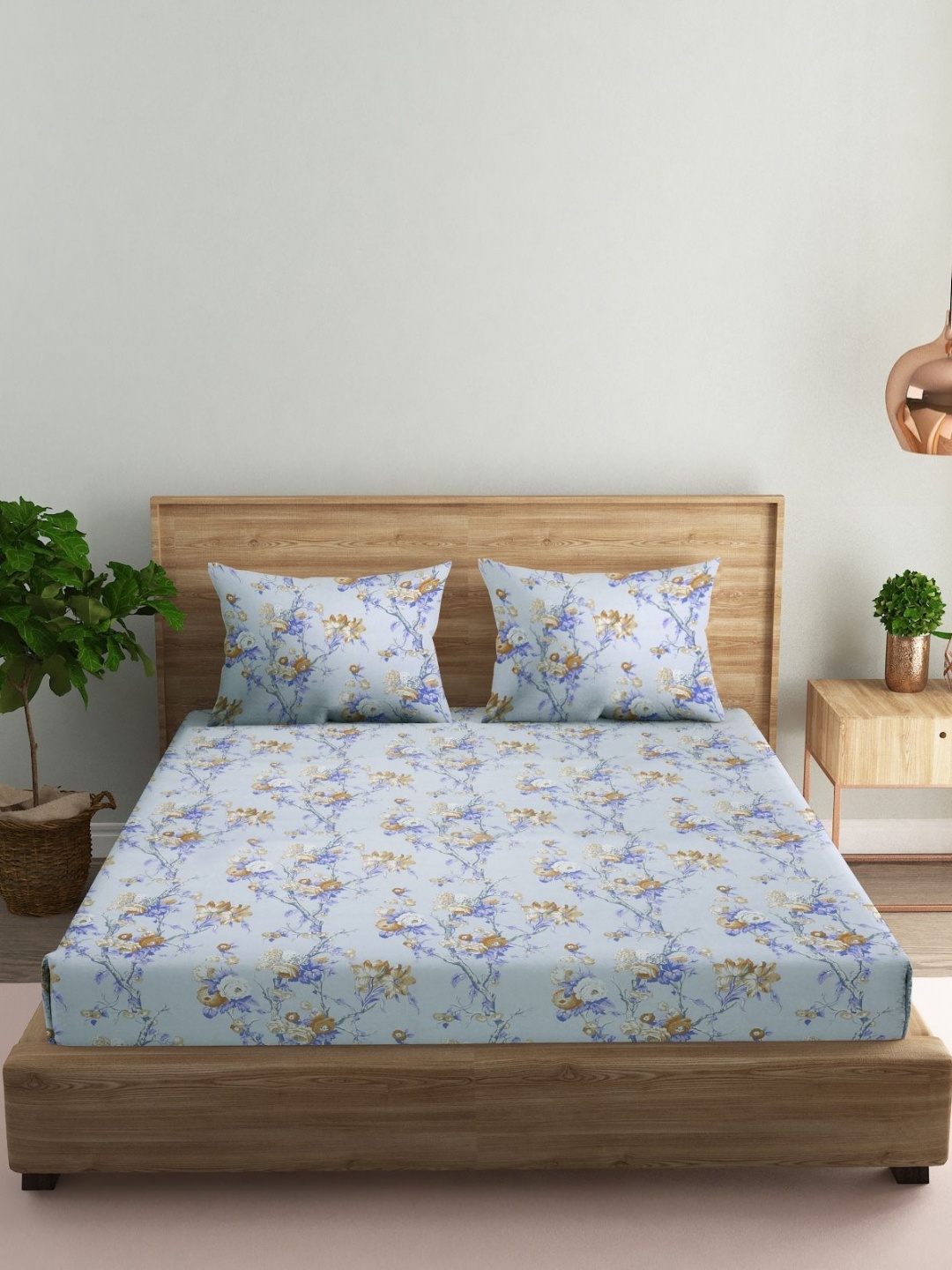 

MARK HOME Blue Floral Cotton 144 TC Queen Bedsheet with 2 Pillow Covers-2.54 m x 2.23 m