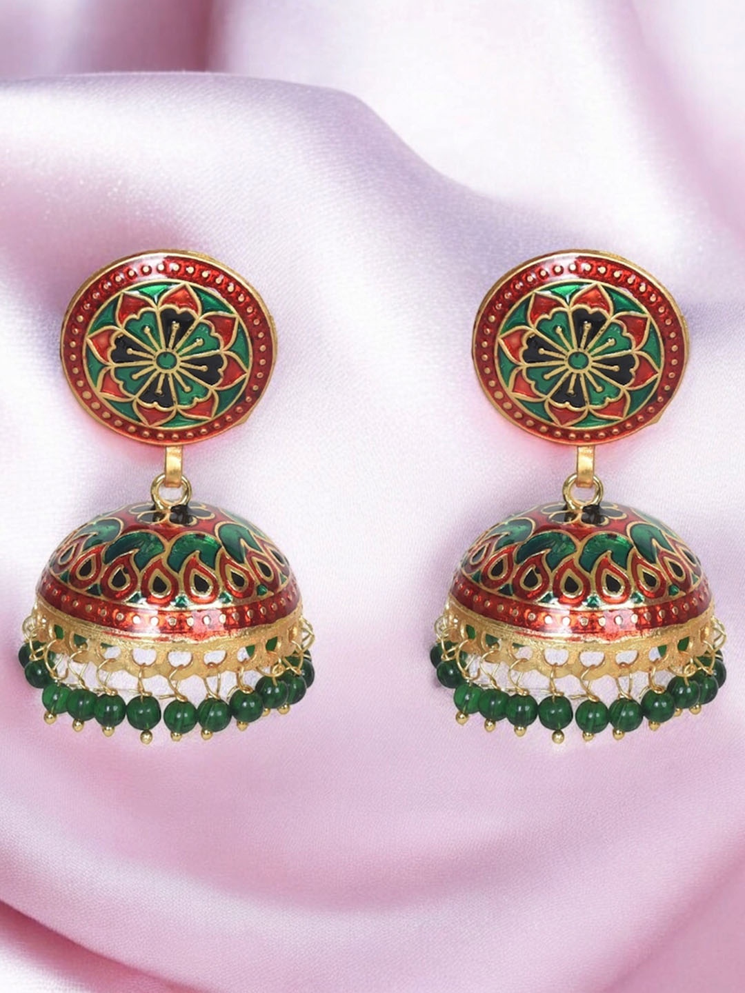 

Nilu's Collection Brass Plated Meenakari Contemporary Jhumkas, Gold